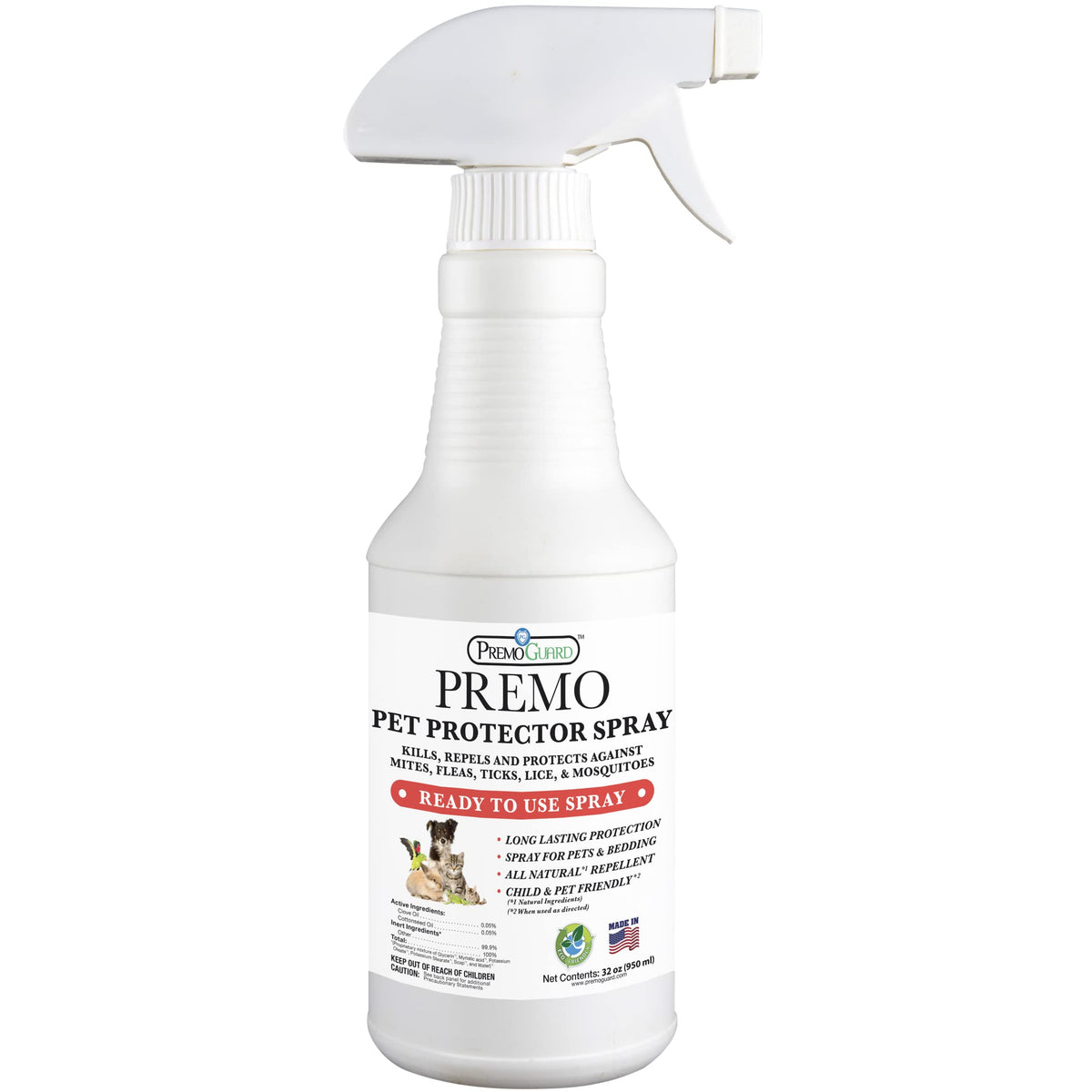 Premo Guard Pet Protector spray bottle demonstrates easy, all-over pest protection for home and pets.