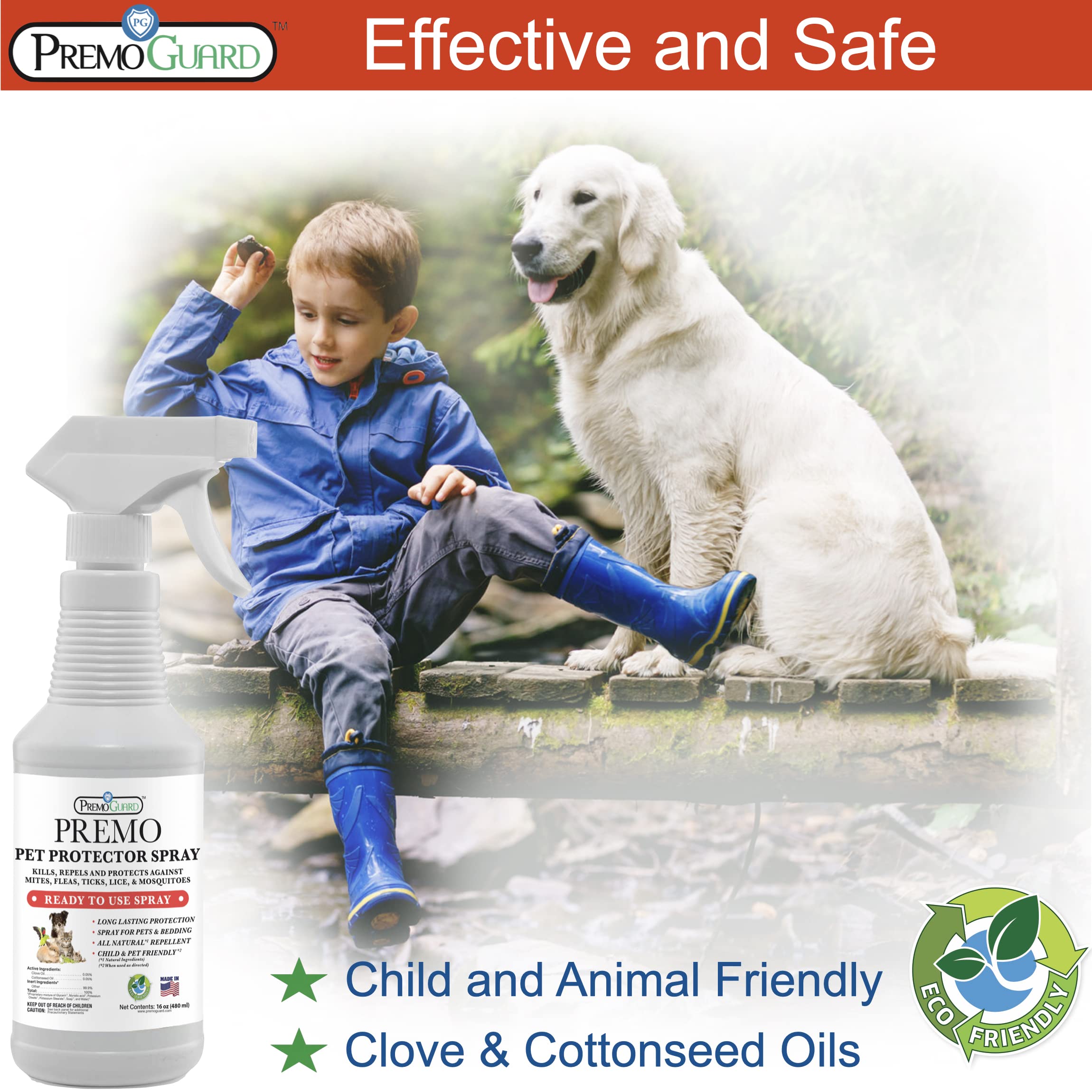 Premo Guard Pet Protector Spray being applied to a dog's coat for quick protection