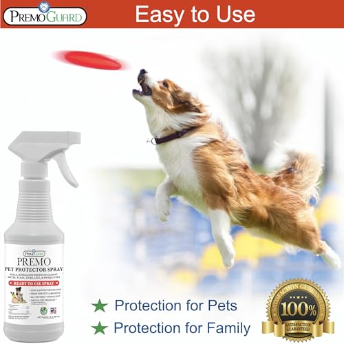 Premo Guard Pet Protector spraying on pets provides on-pet protection against mites and fleas.