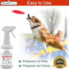 Premo Guard Pet Protector spraying on pets provides on-pet protection against mites and fleas.