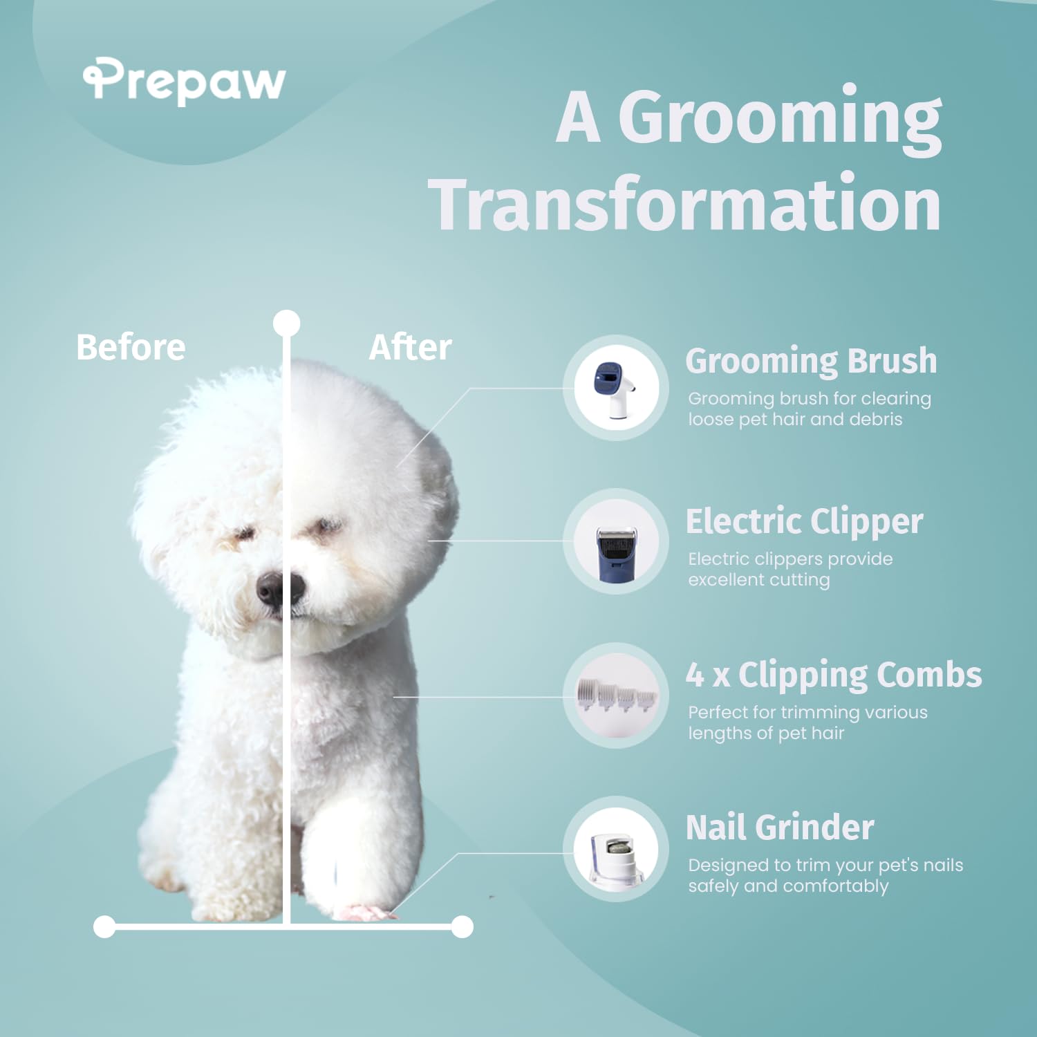 Prepaw extended hose reaches hard-to-get-to areas for thorough grooming