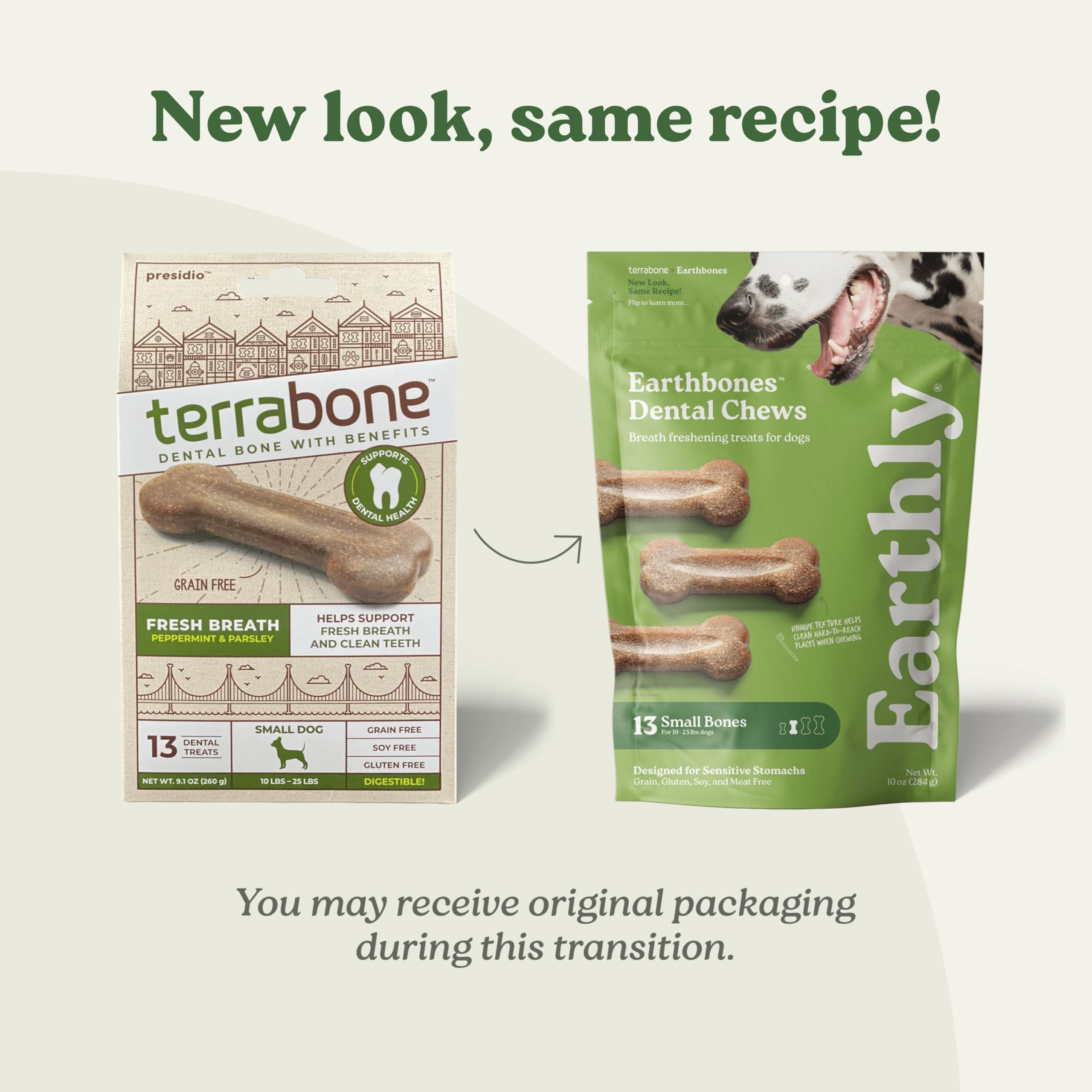 Presidio Earthbones dental chews closeup reveals chewy texture aiding cleaning between meals.