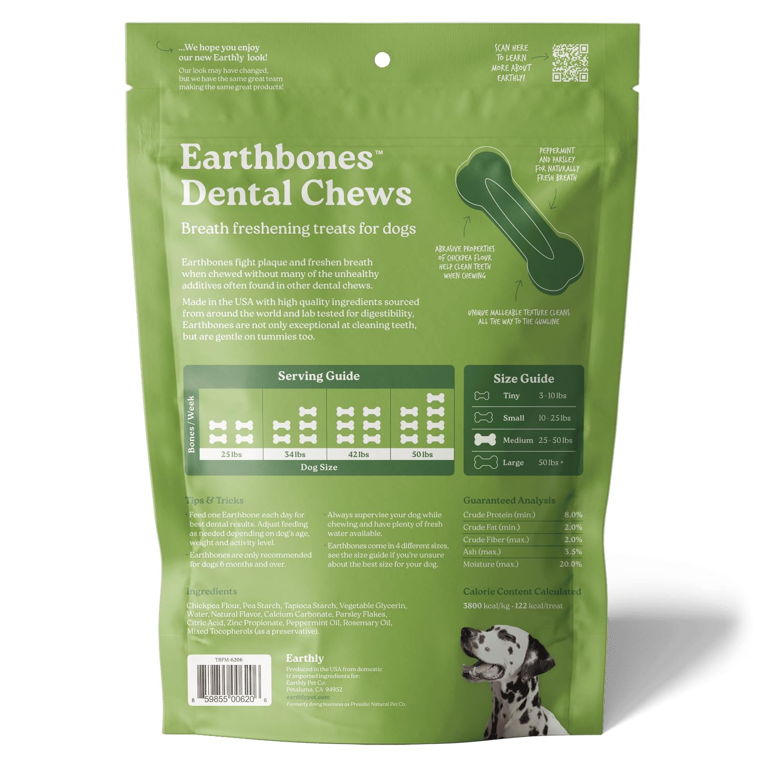 Presidio Earthbones ingredients visual hints at natural nutrients for canine wellness.