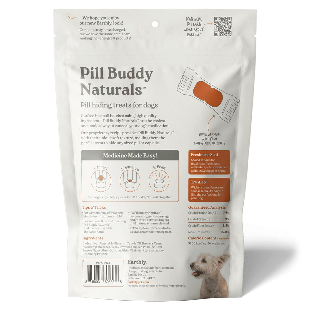 Presidio Earthly Pill Buddy Naturals 90-serving tub shown with secure lid for storage.