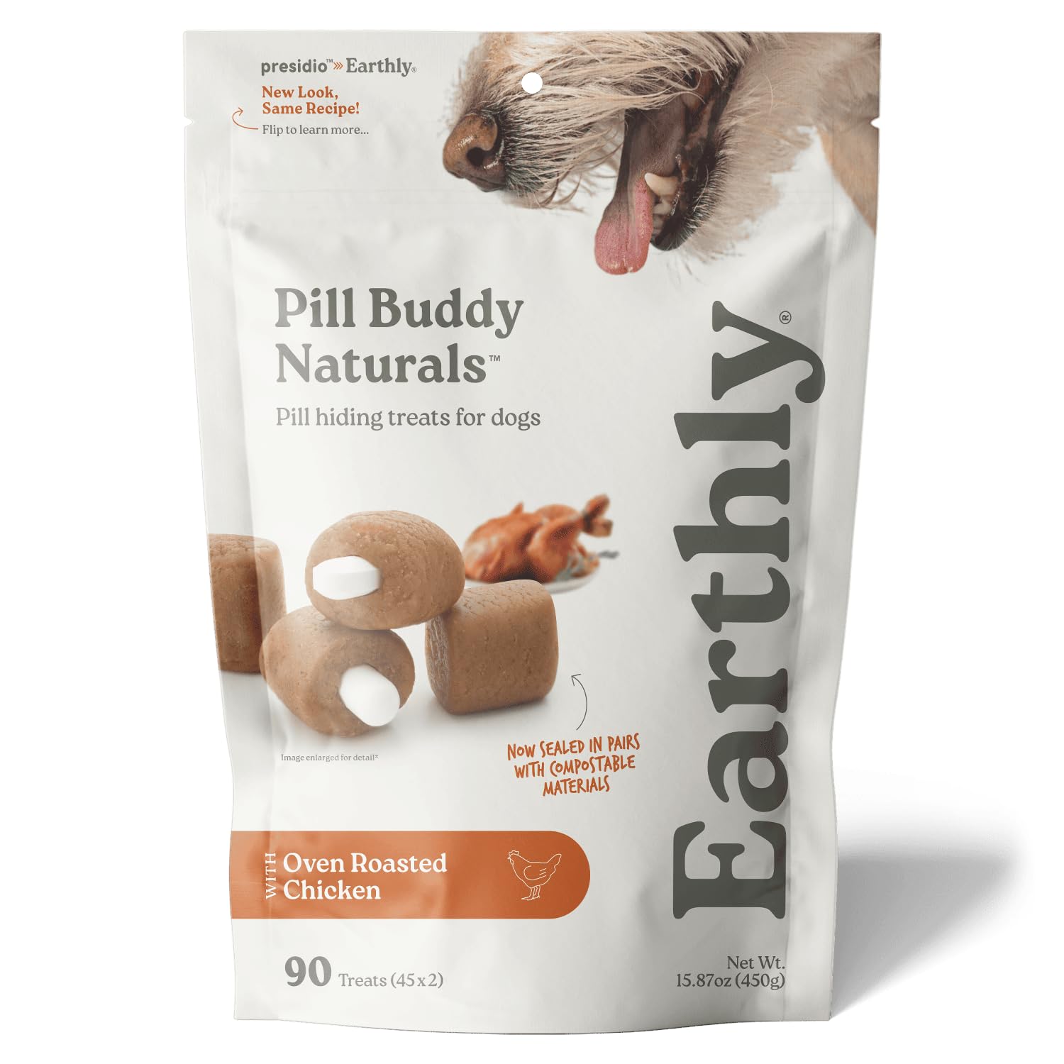 Presidio Earthly Pill Buddy Naturals chicken-treat closeup showing easy pill concealment for dogs.