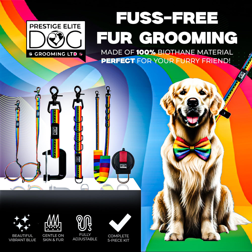Prestige Elite belly strap stabilizes dogs on the grooming table.