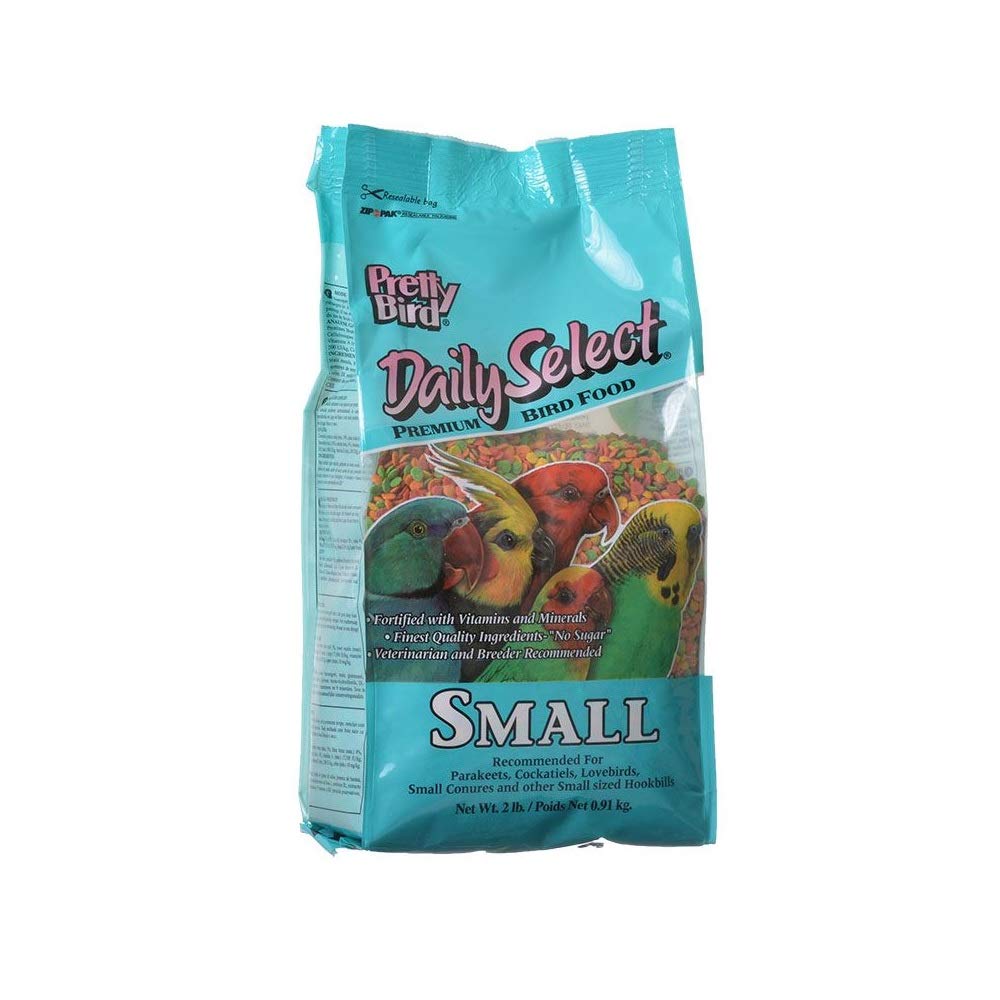 Pretty Bird Daily Select Premium Bird Food bag 5lb showcases colorful pellets for small birds' balanced nutrition