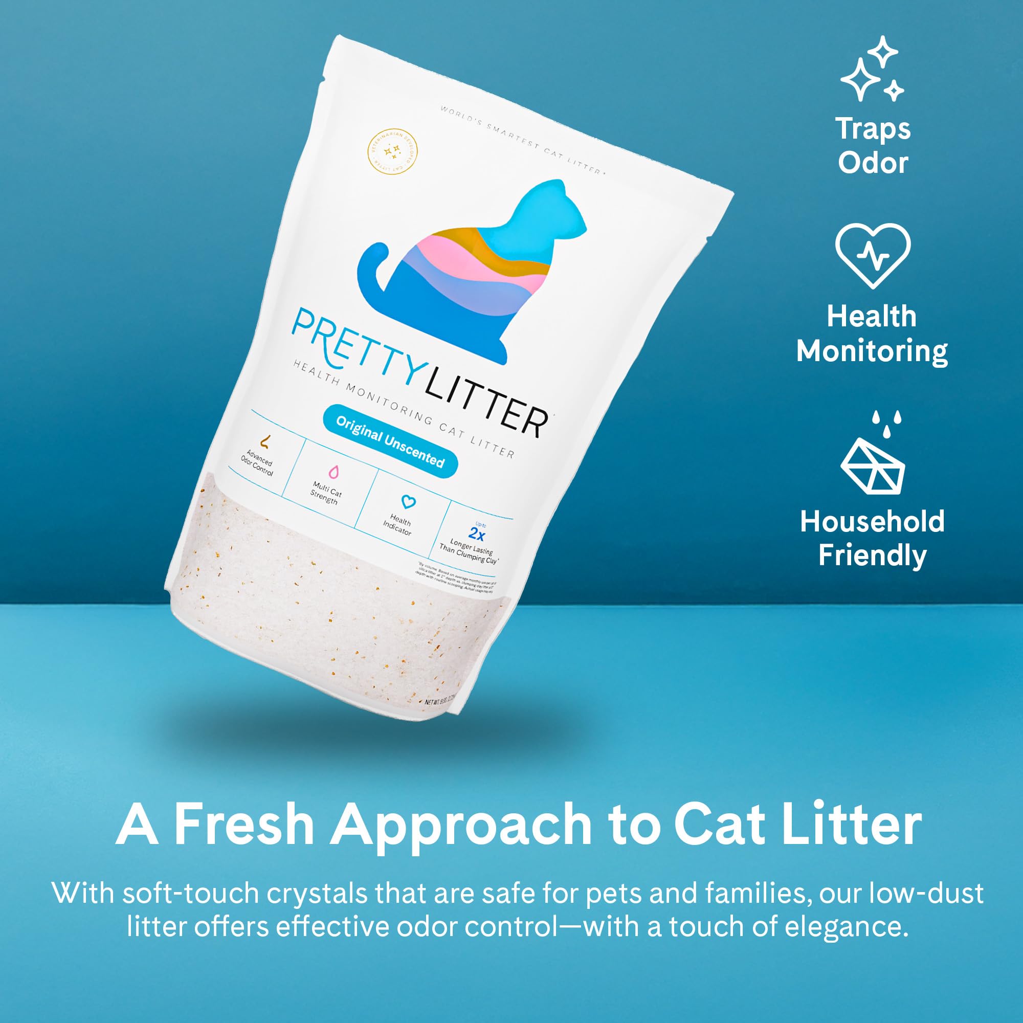 PrettyLitter safe non-clumping formula offers easy scooping and less dust during refills.