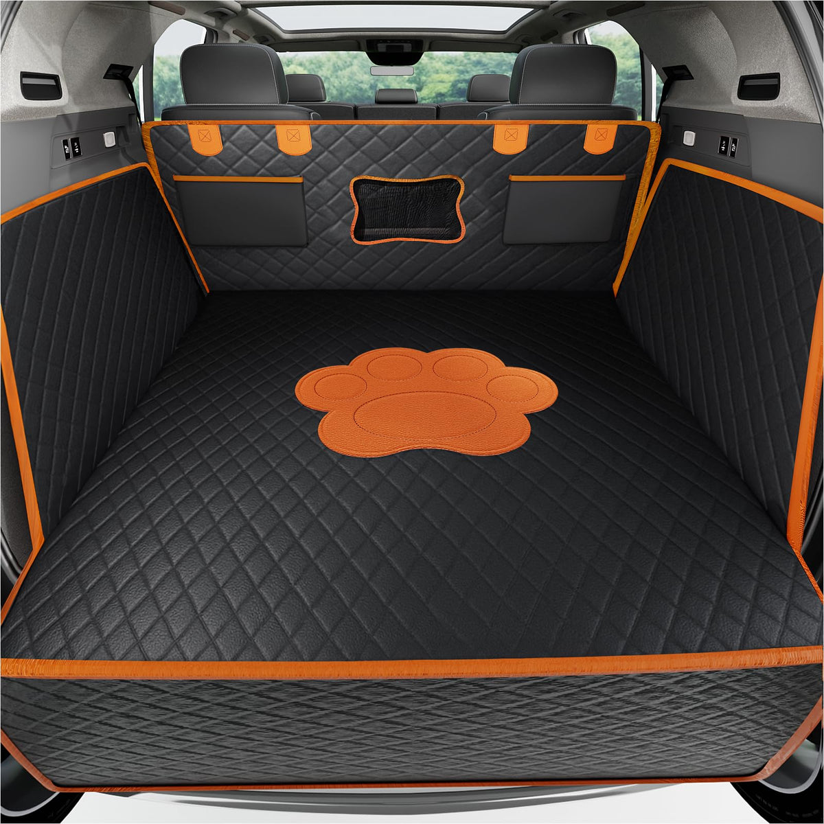 PREWERK SUV cargo liner keeps dogs safe on a protective non-slip trunk surface.