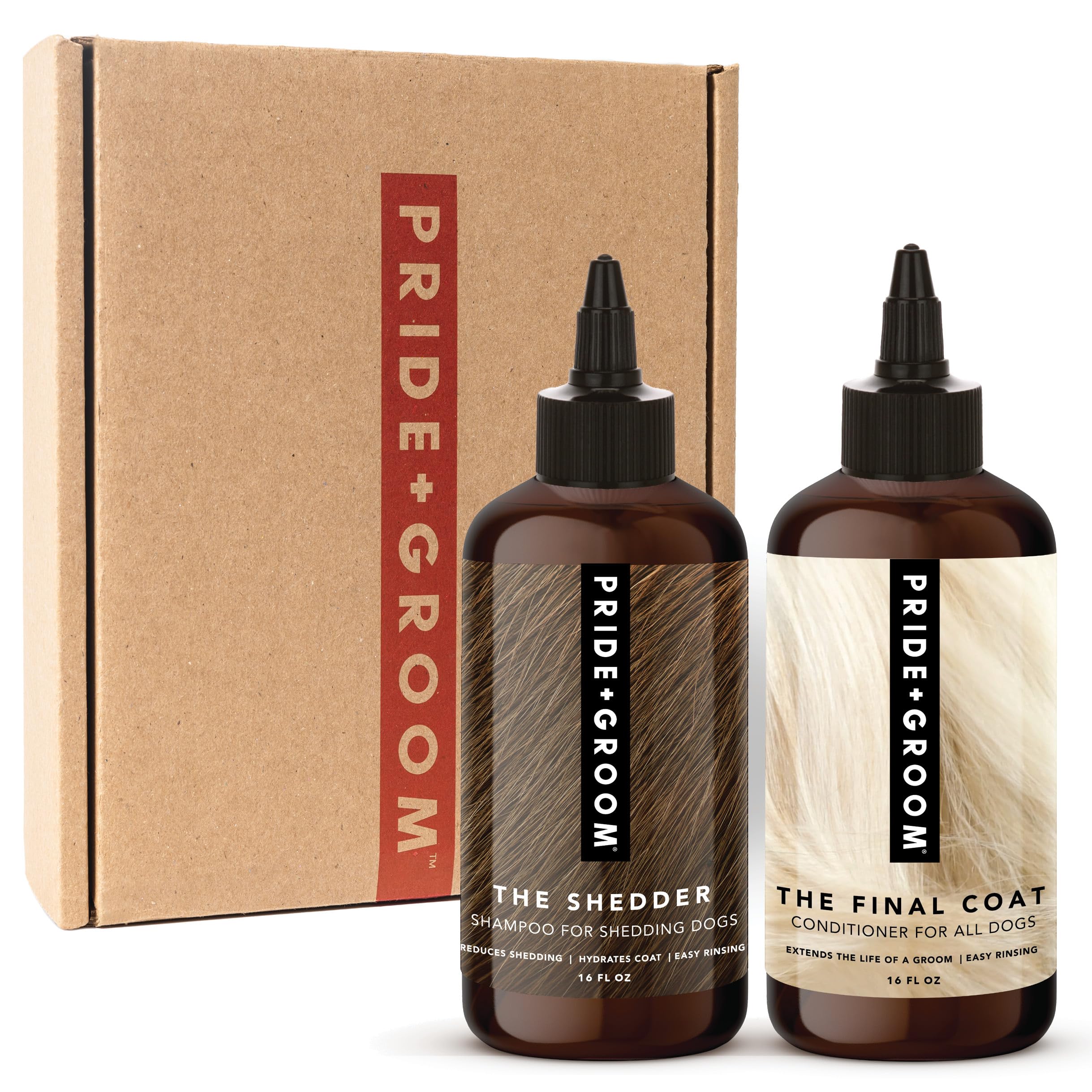 PRIDE AND GROOM Shedder shampoo-bottle-pour demonstrates easy deshedding flow.