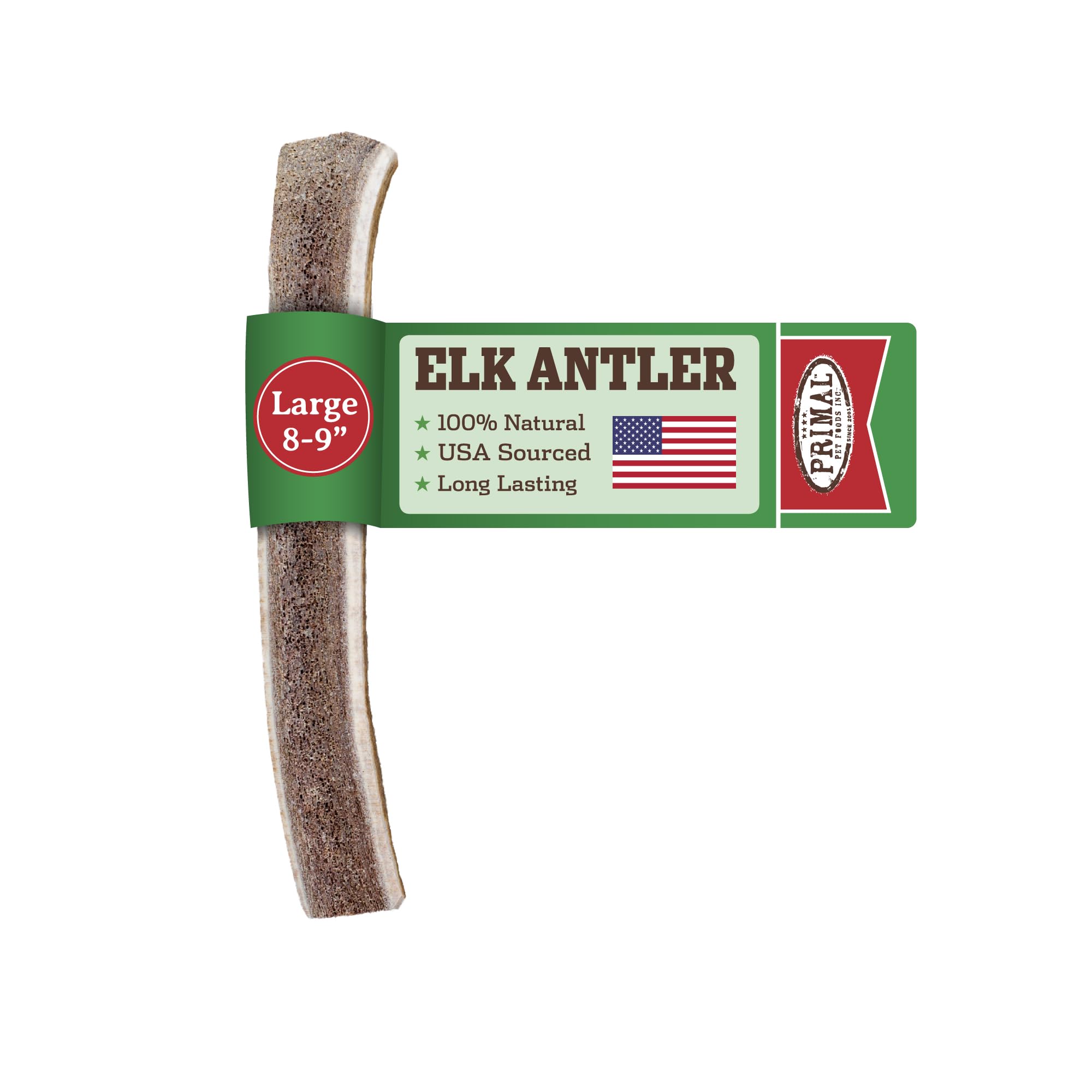 Primal Antlers packaging view featuring natural elk chews for dogs.