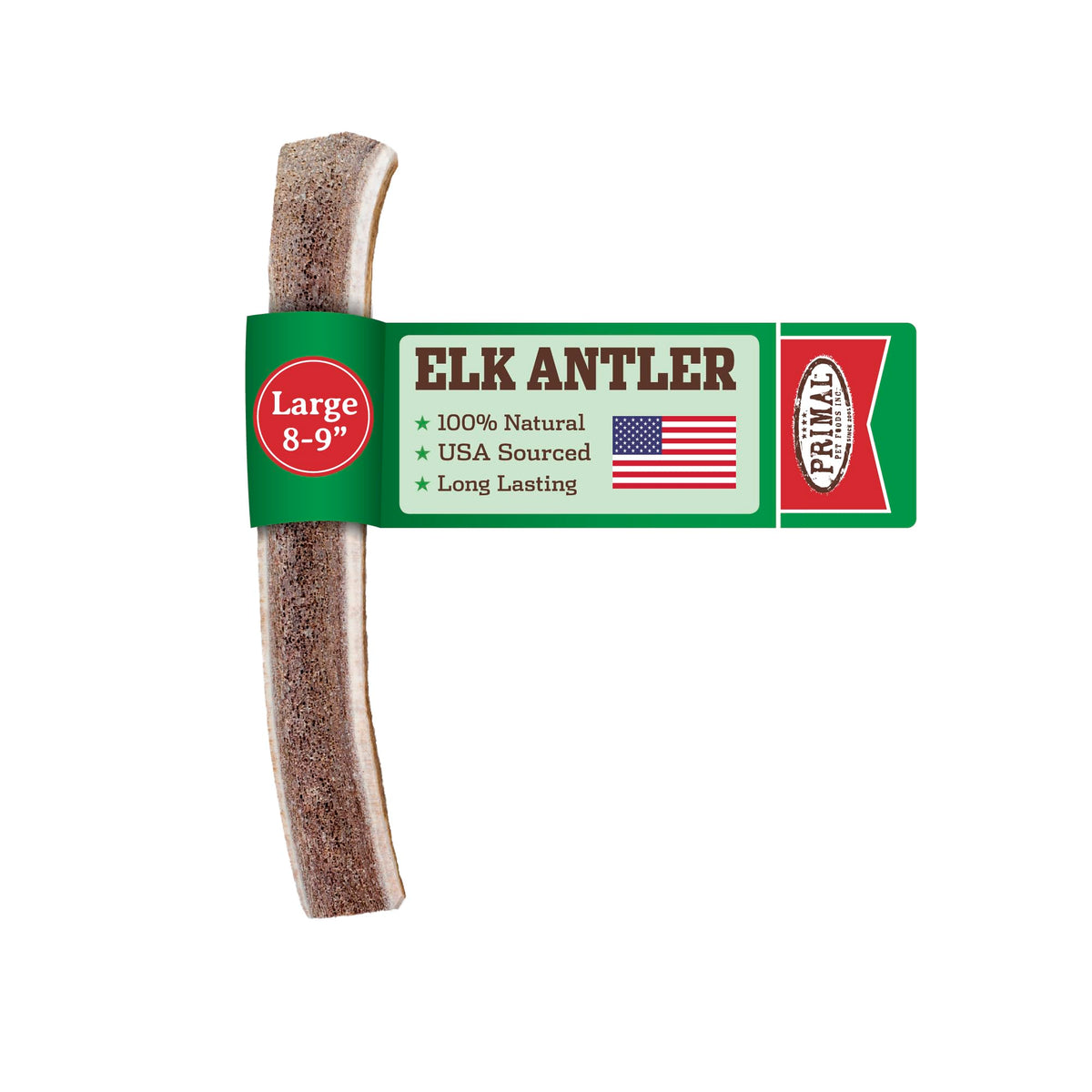Primal Antlers packaging view featuring natural elk chews for dogs.