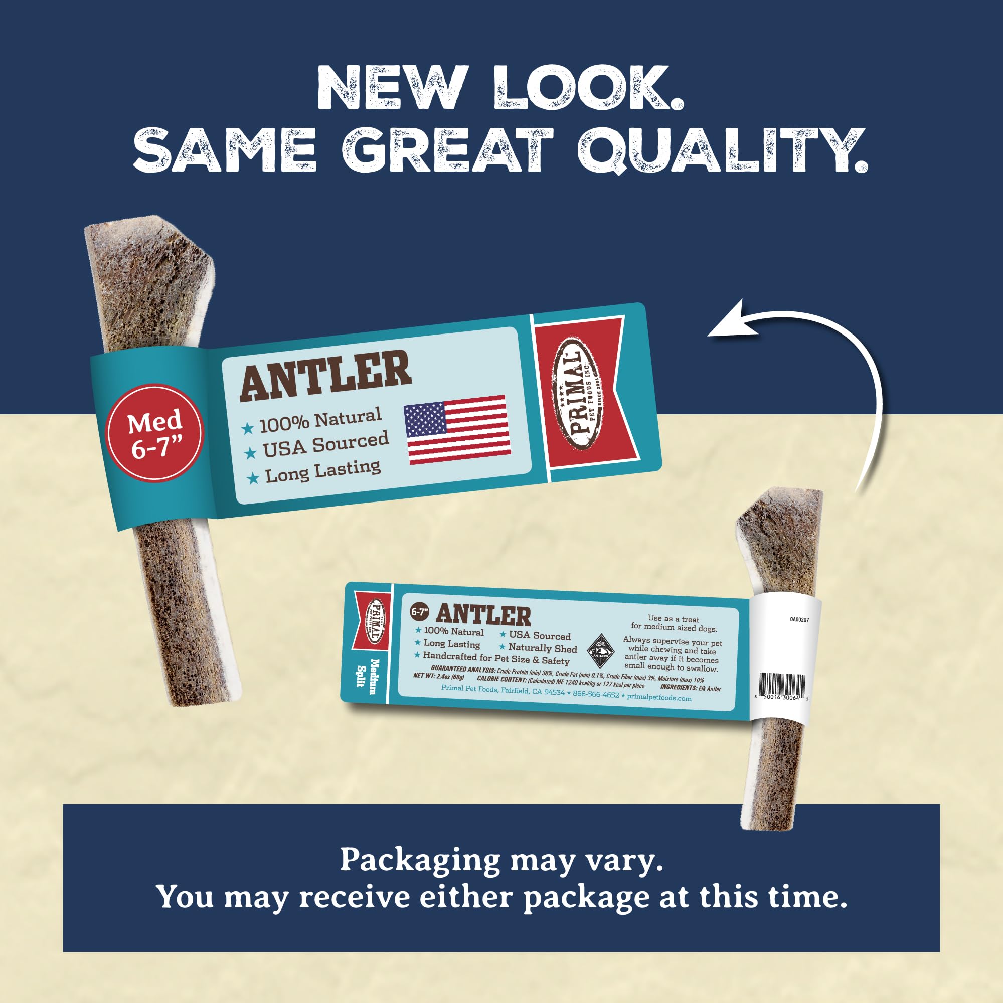 Primal Antlers for Dogs varied color and texture sensory-rich chew adapts to chew style