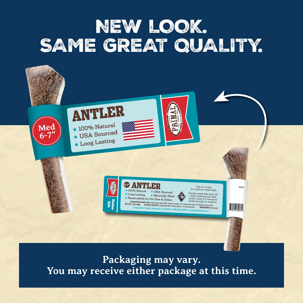 Primal Antlers for Dogs varied color and texture sensory-rich chew adapts to chew style