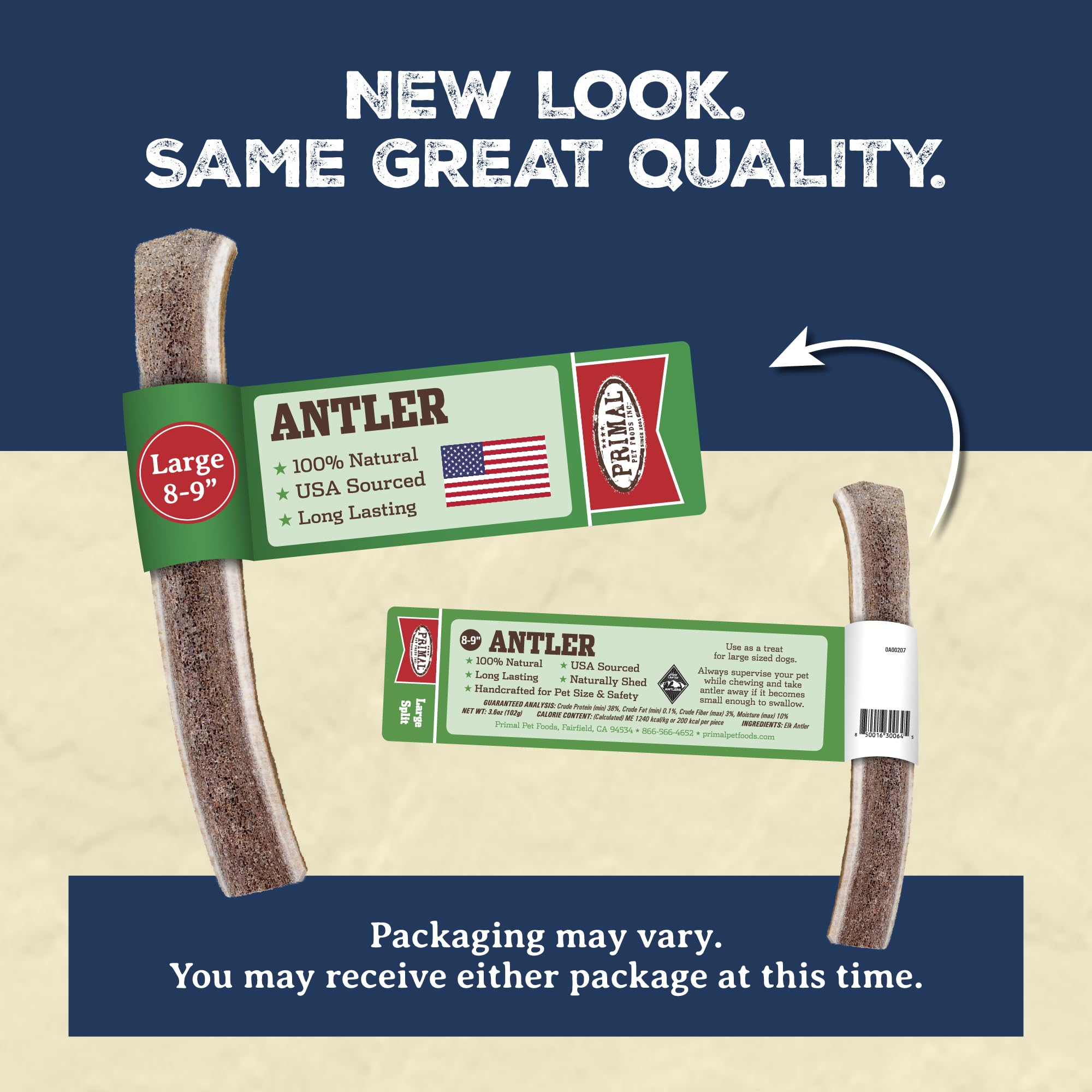 Primal Antlers packaging odor-free—no additives, clean chews.