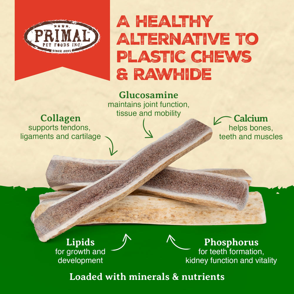 Primal Antlers split elk closeup highlights durable chew material.
