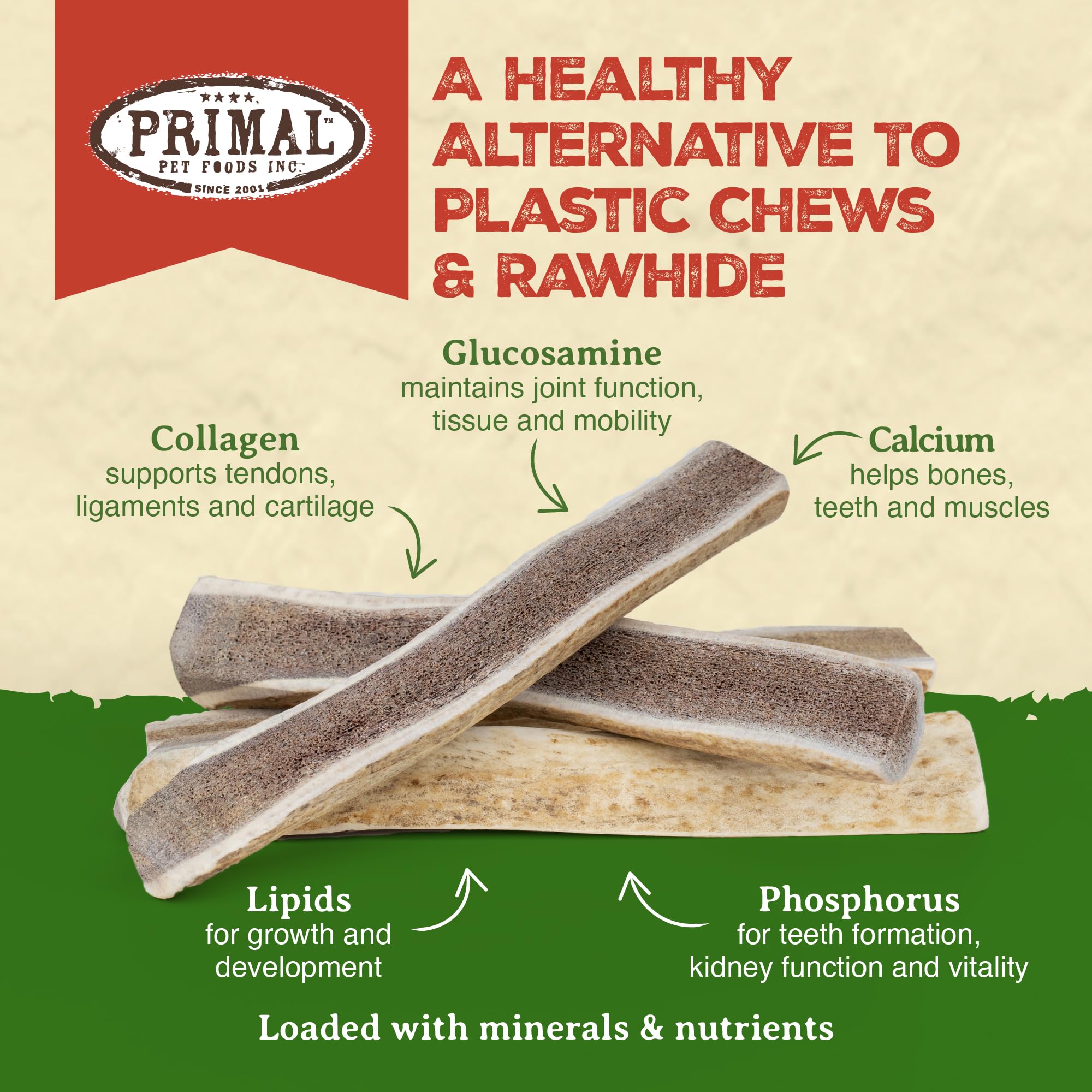 Primal Antlers split moose antler large dog chew—safety for aggressive chewers.