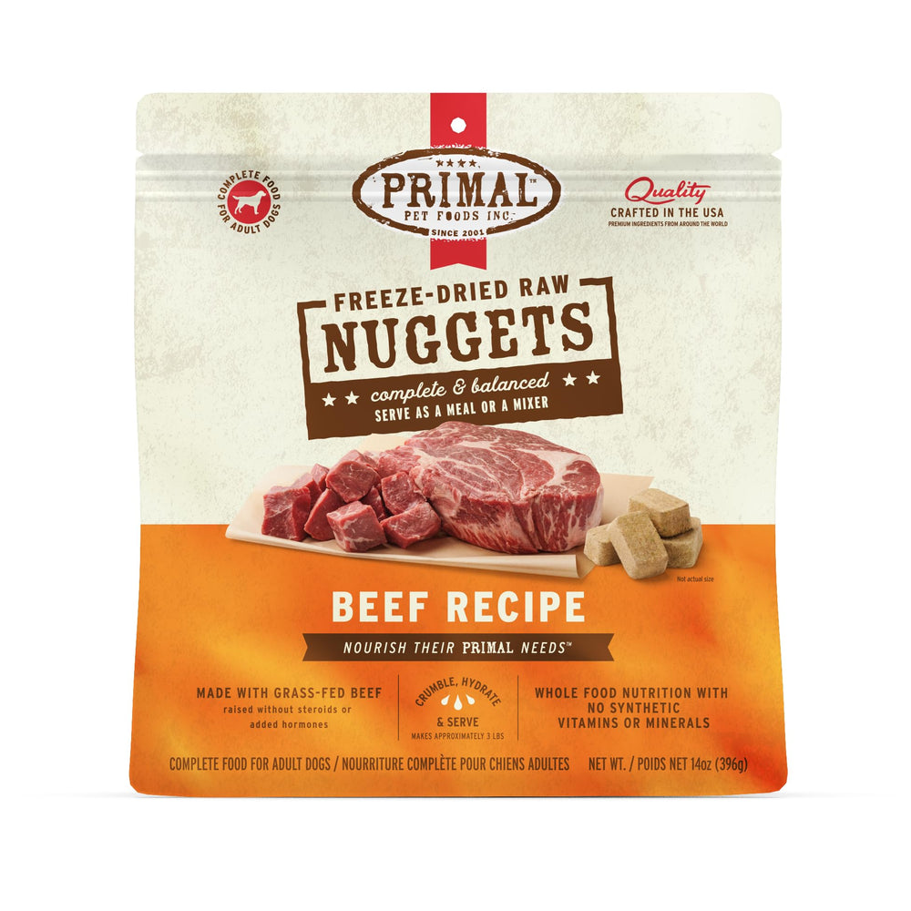 Primal Freeze Dried Beef Nuggets packaging shows shelf-stable premium nutrition.