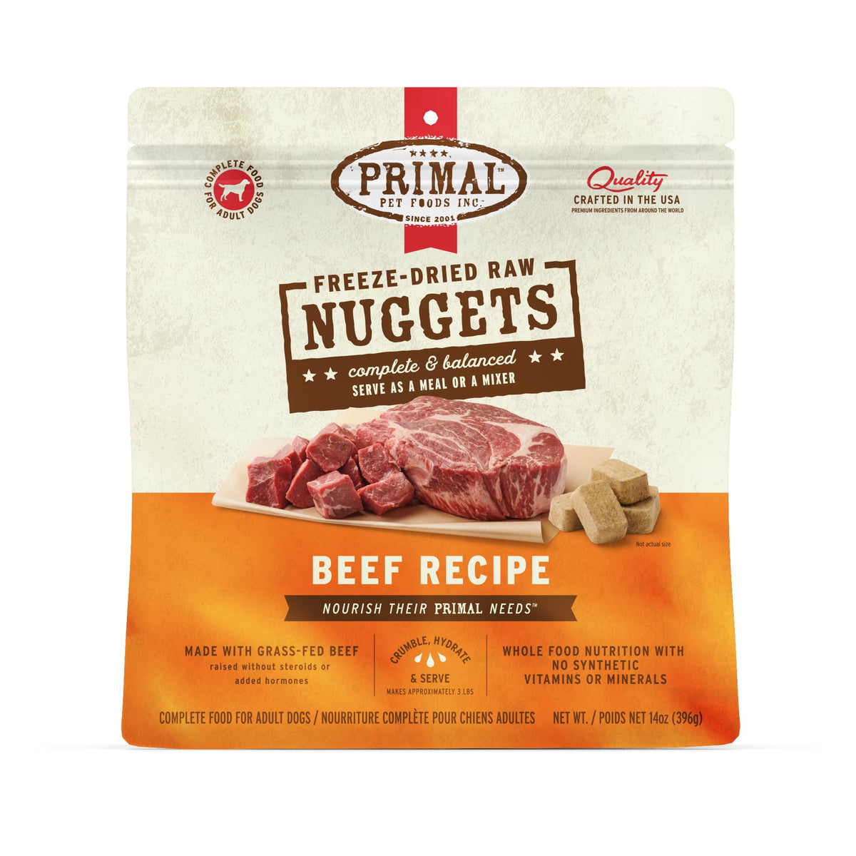 Primal Freeze Dried Beef Nuggets packaging shows shelf-stable premium nutrition.