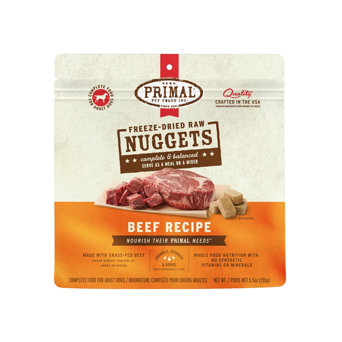 Primal freeze-dried dog food nuggets beef-serving in bowl for a complete meal.