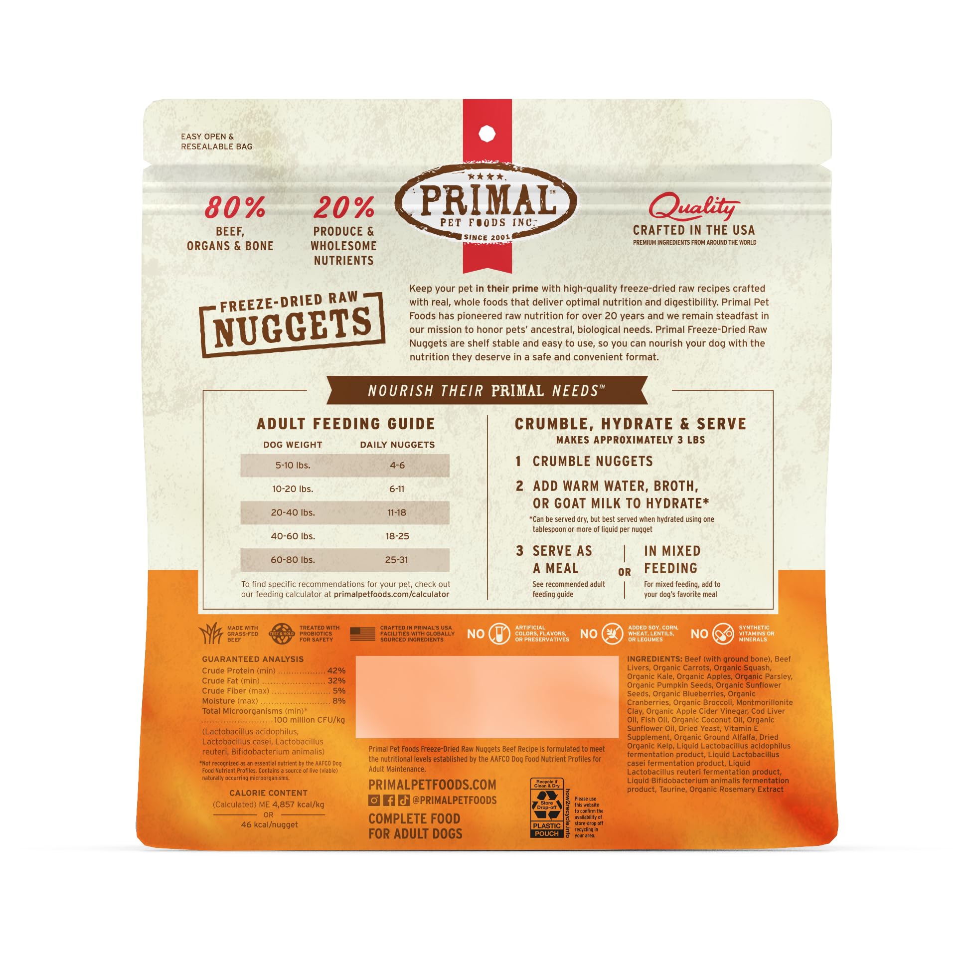 Primal Freeze Dried Beef Nuggets texture closeup highlights rehydration-ready chew.