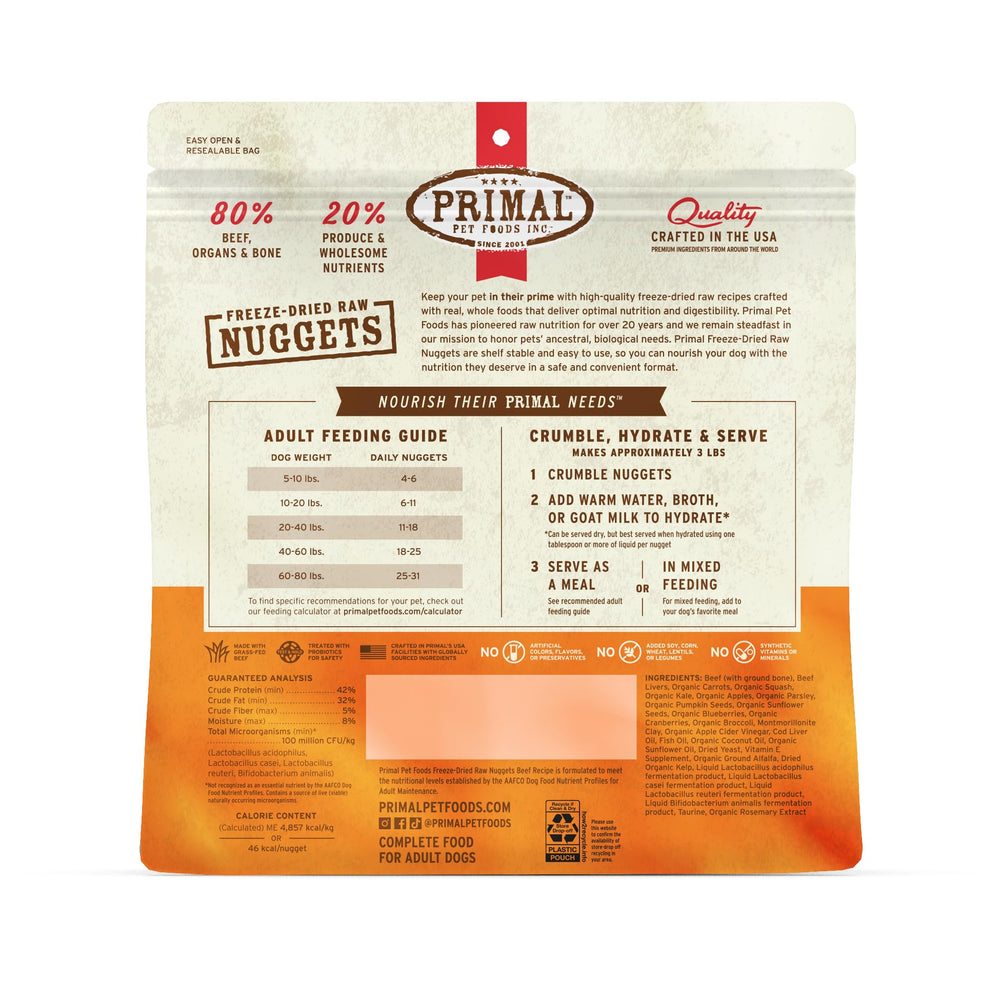 Primal Freeze Dried Beef Nuggets texture closeup highlights rehydration-ready chew.