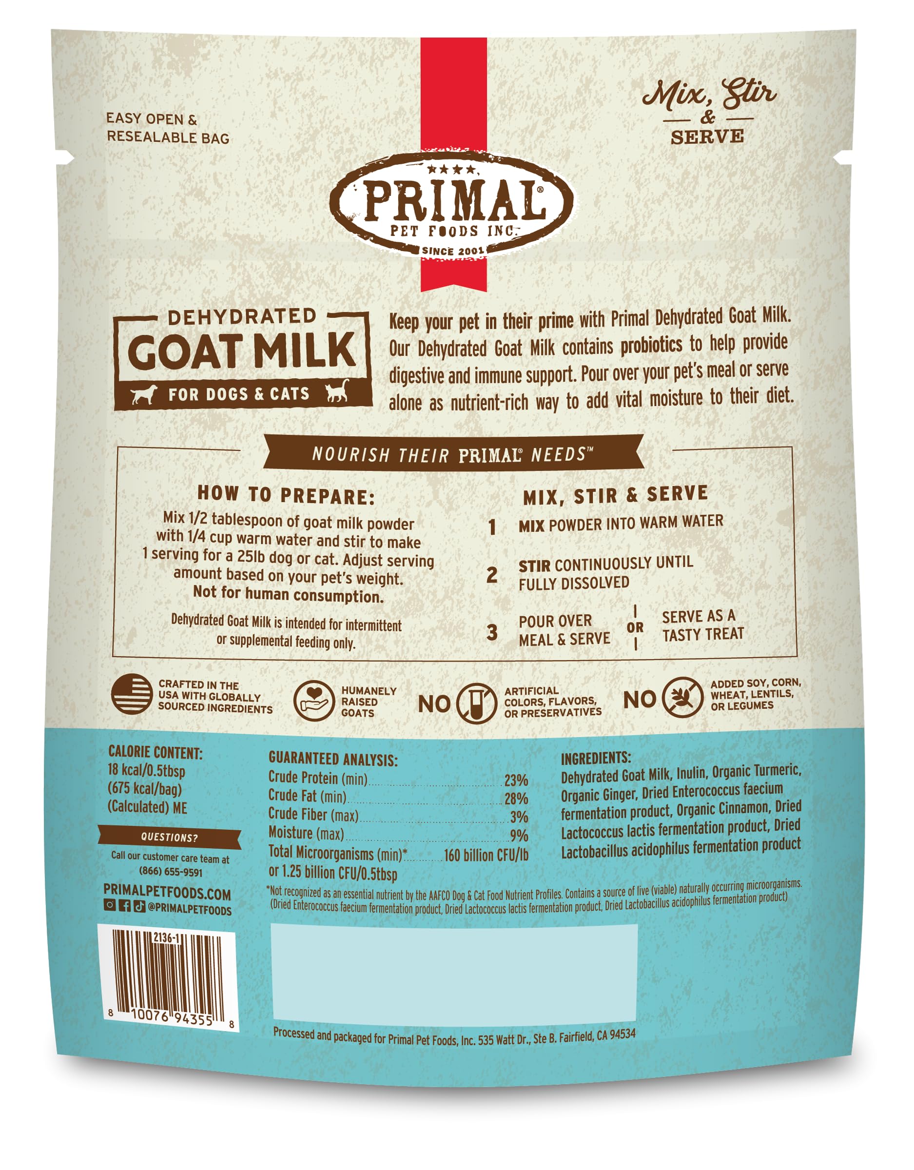 Primal Goat Milk Powder USA-made badge signals quality and premium ingredients.