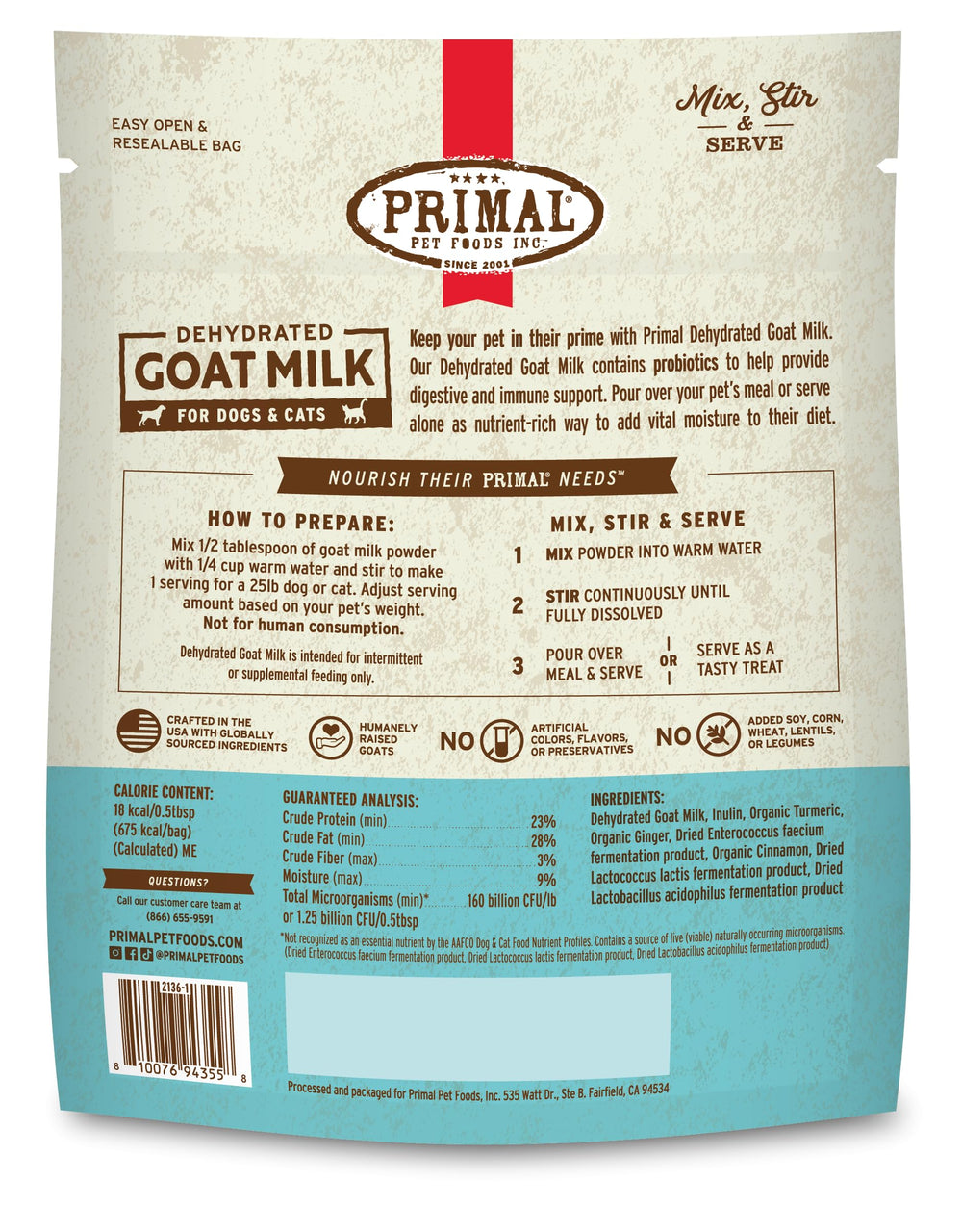 Primal Goat Milk Powder USA-made badge signals quality and premium ingredients.