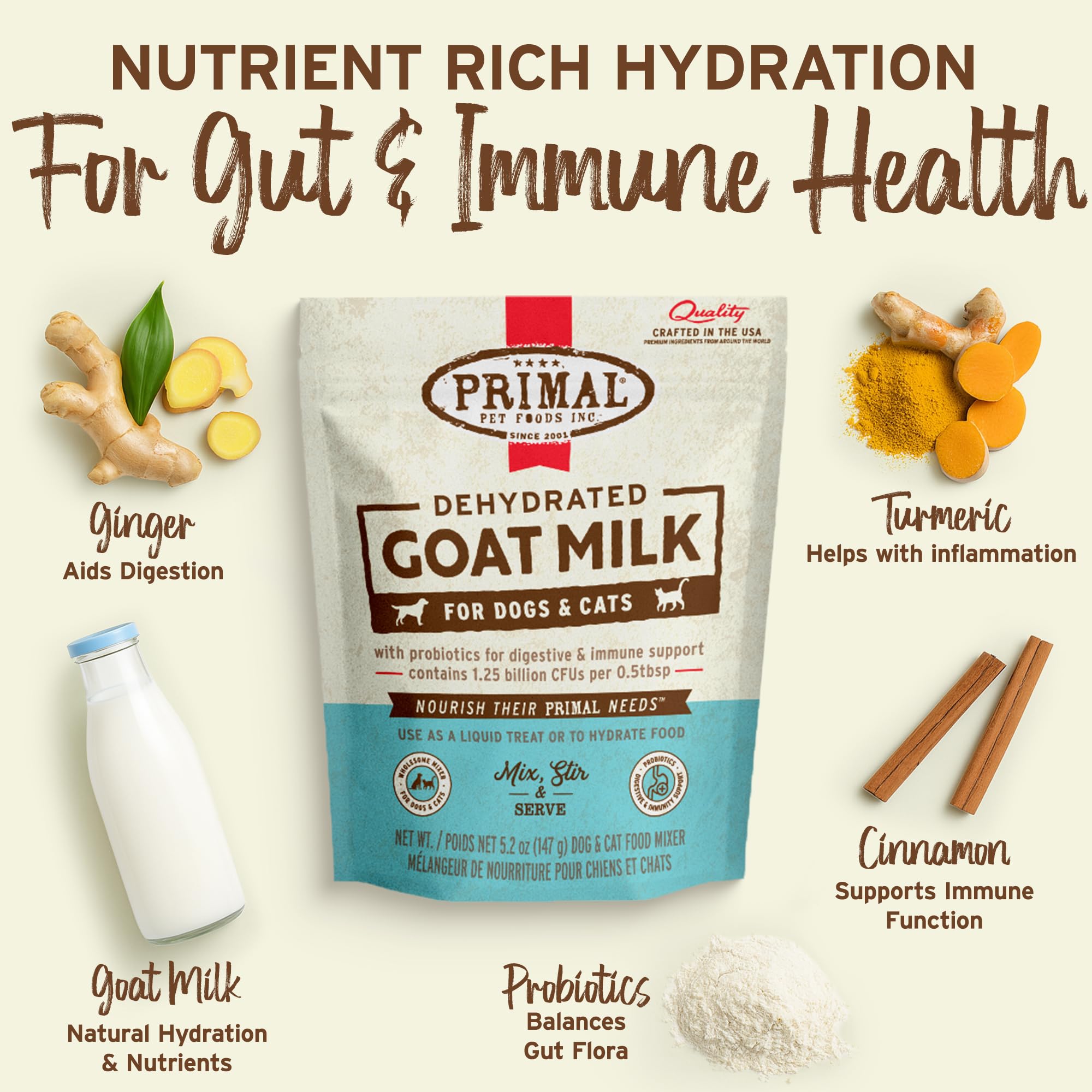 Primal Goat Milk Powder mixed in a bowl with kibble for texture.
