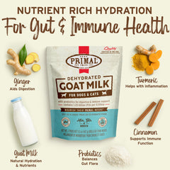 Primal Goat Milk Powder mixed in a bowl with kibble for texture.