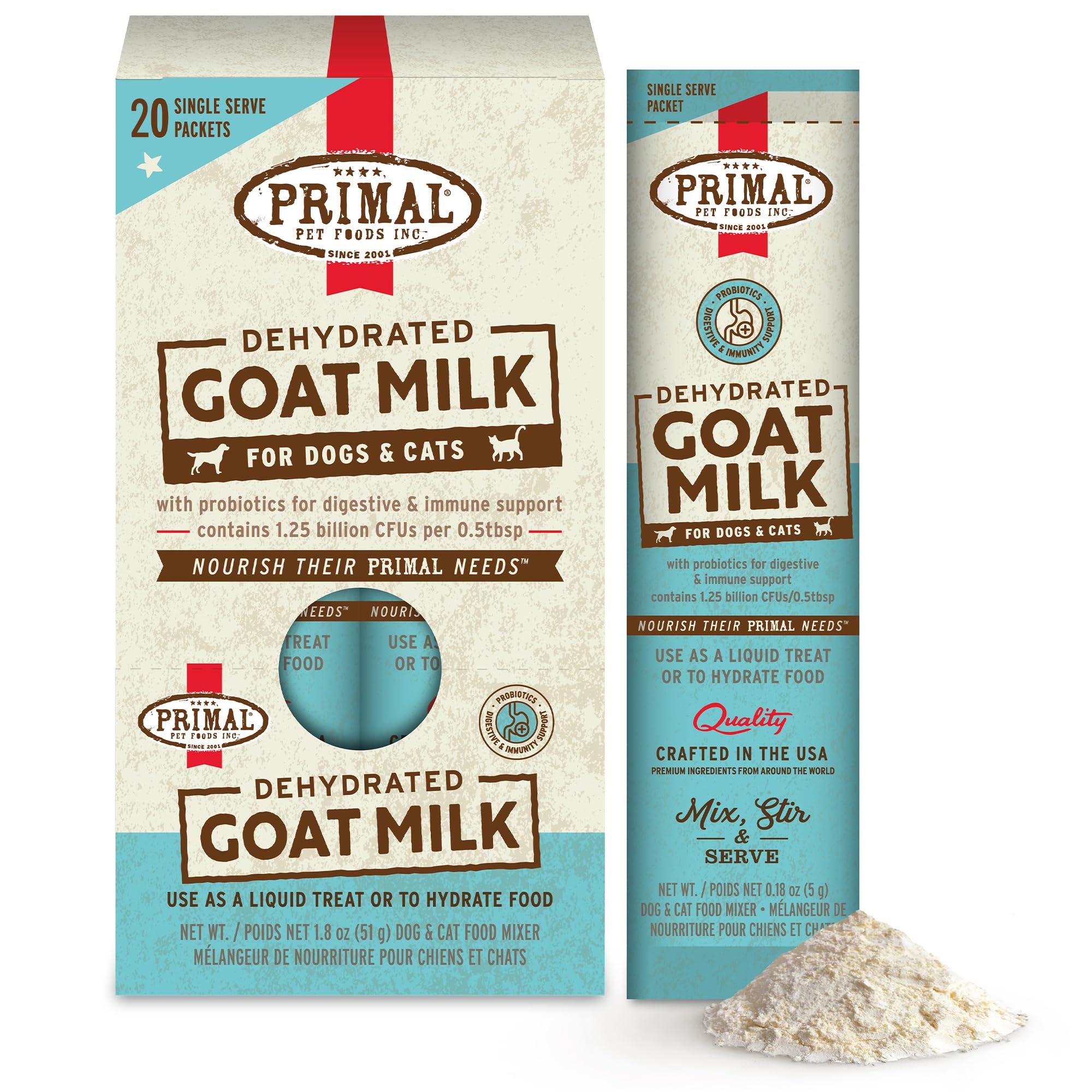 Primal Goat Milk Powder package open for dogs and cats hydration topper.