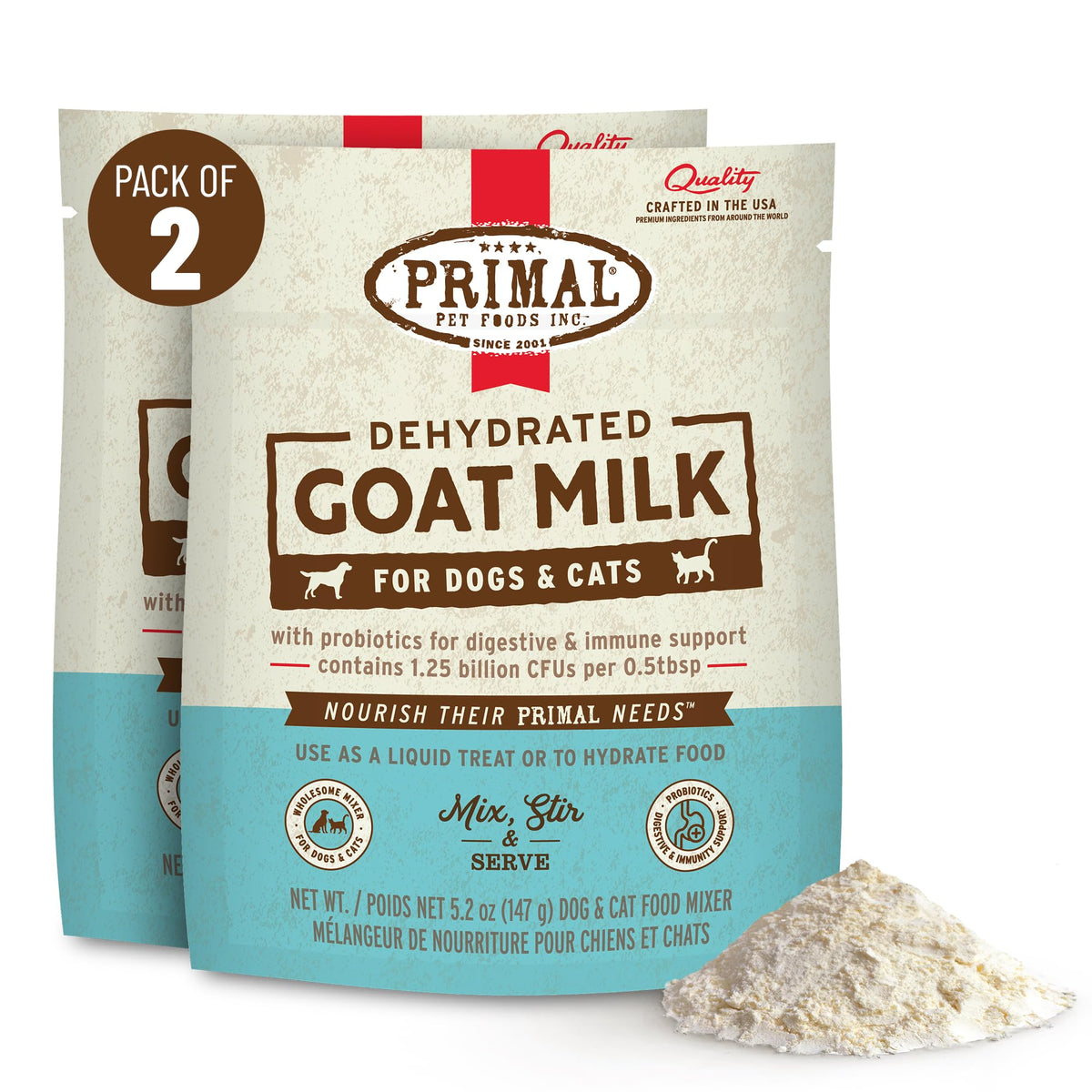 Primal Goat Milk Powder pouch shown for shelf-stable hydration.