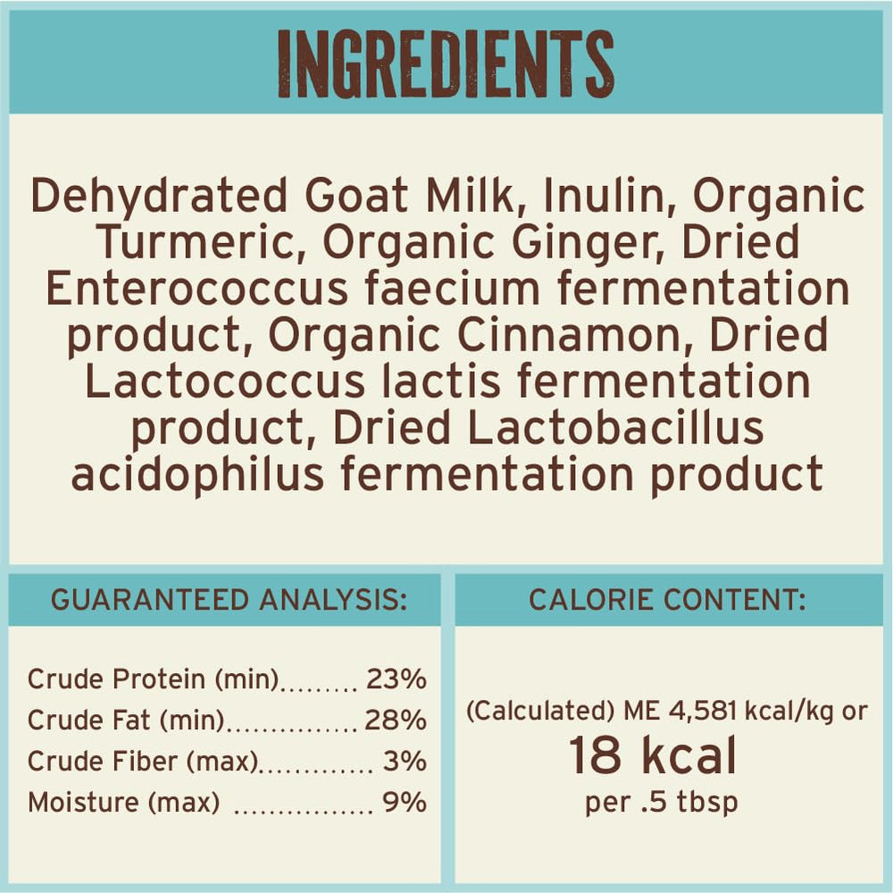 Primal Goat Milk Powder features turmeric, ginger, cinnamon for immune-friendly blend.
