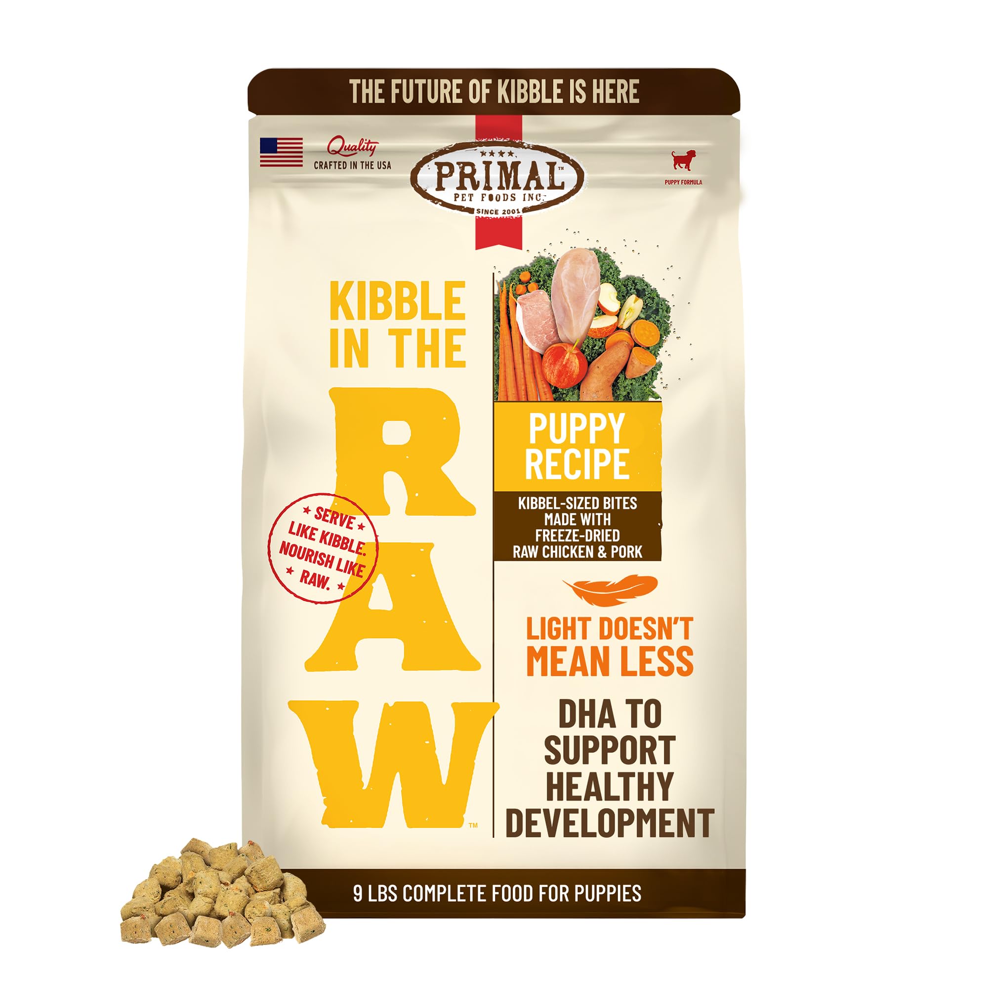 Primal Kibble in the Raw bag closeup shows freeze-dried nutrition for lean, active dogs.