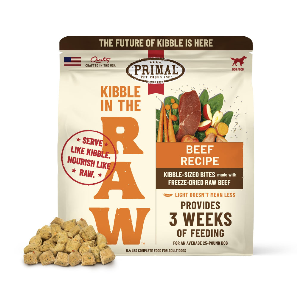 Primal Kibble in the Raw beef bag showcasing freeze-dried protein for lean muscle support