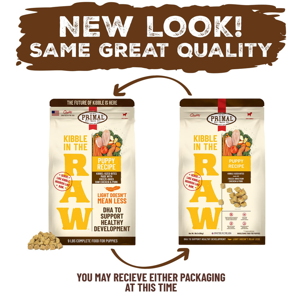 Primal Kibble in the Raw made-in-usa badge communicates USA crafting and quality you can trust.