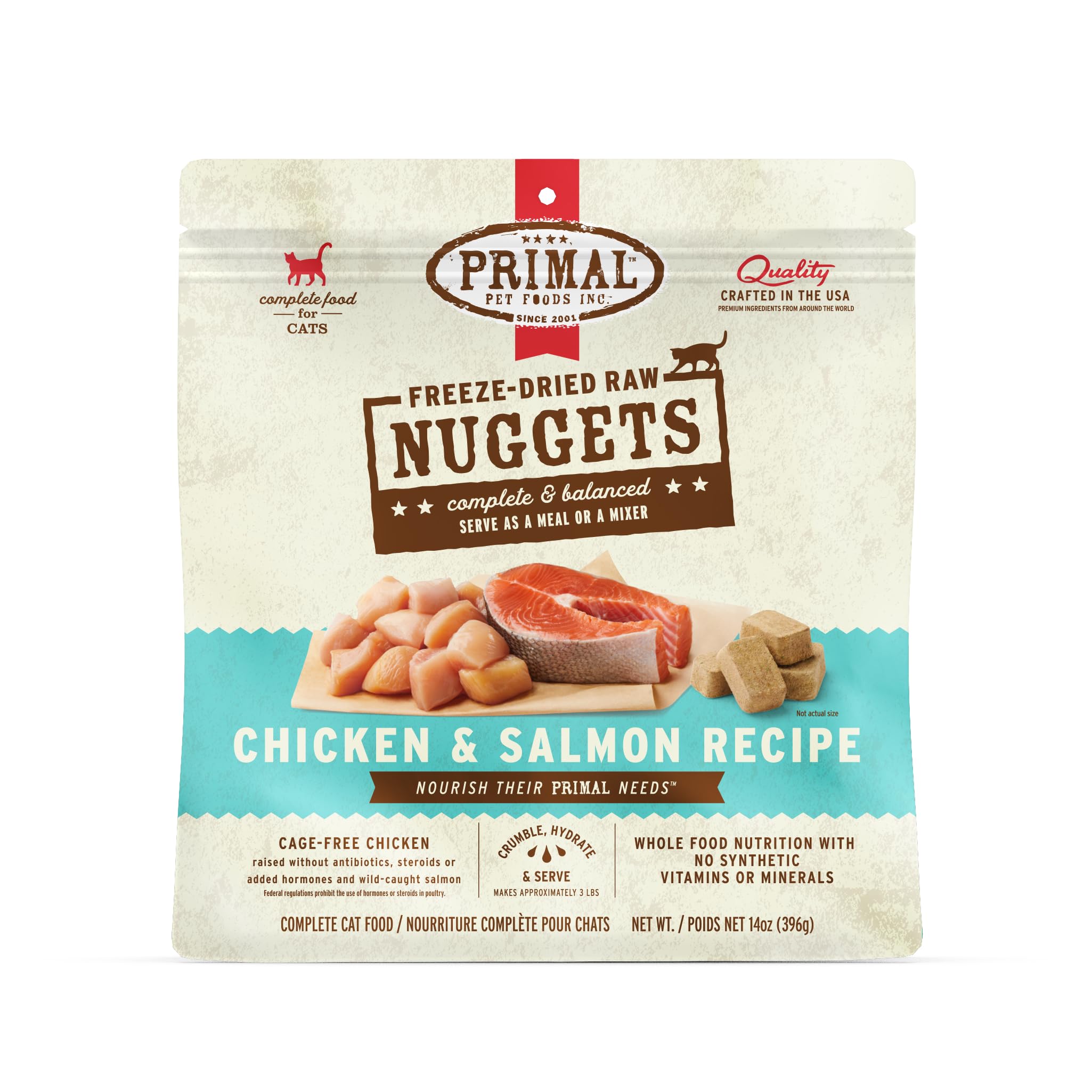 Primal Freeze-Dried Raw Cat Food Nuggets Chicken & Salmon — closeup, high-protein, grain-free.
