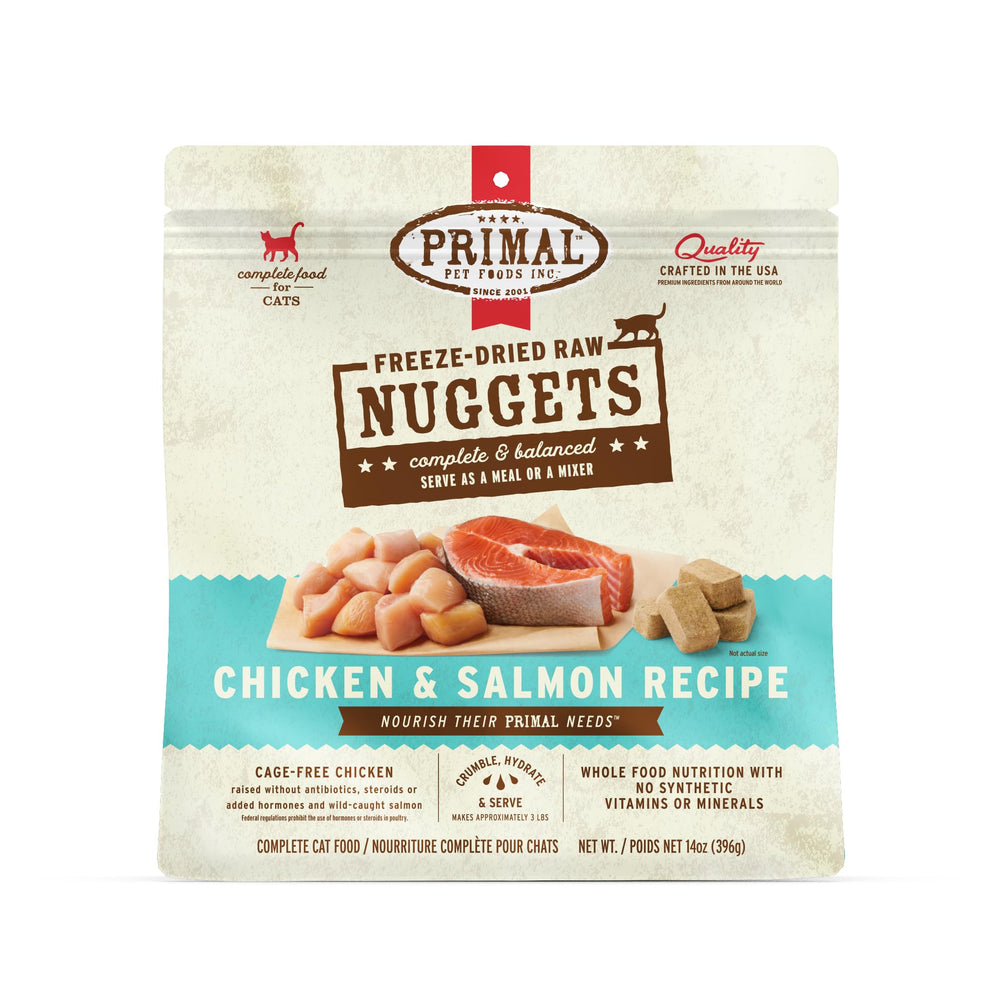 Primal Freeze-Dried Raw Cat Food Nuggets Chicken & Salmon — closeup, high-protein, grain-free.