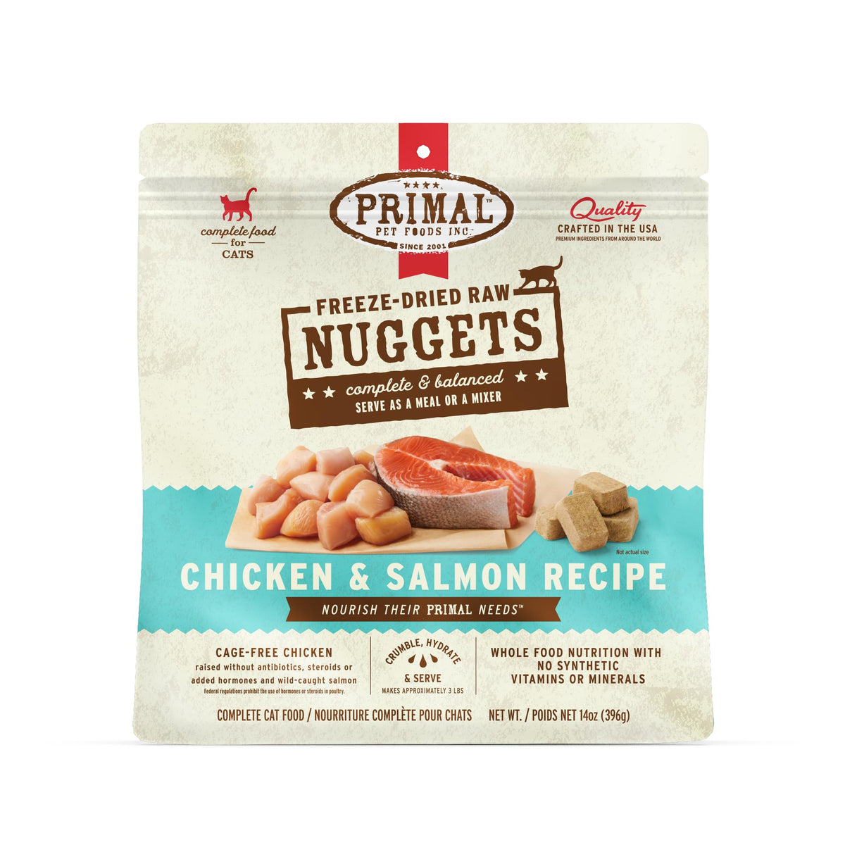 Primal Freeze-Dried Raw Cat Food Nuggets Chicken & Salmon — closeup, high-protein, grain-free.