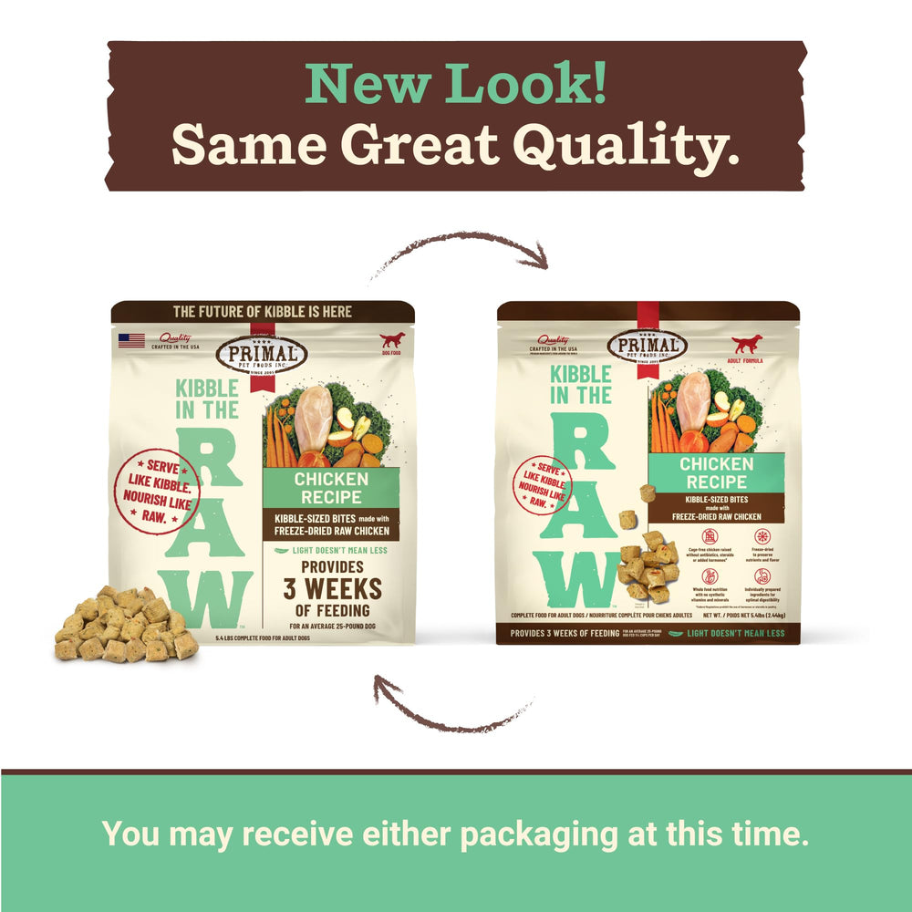 Primal Pet Foods 5.4 lb bag of dry dog food.