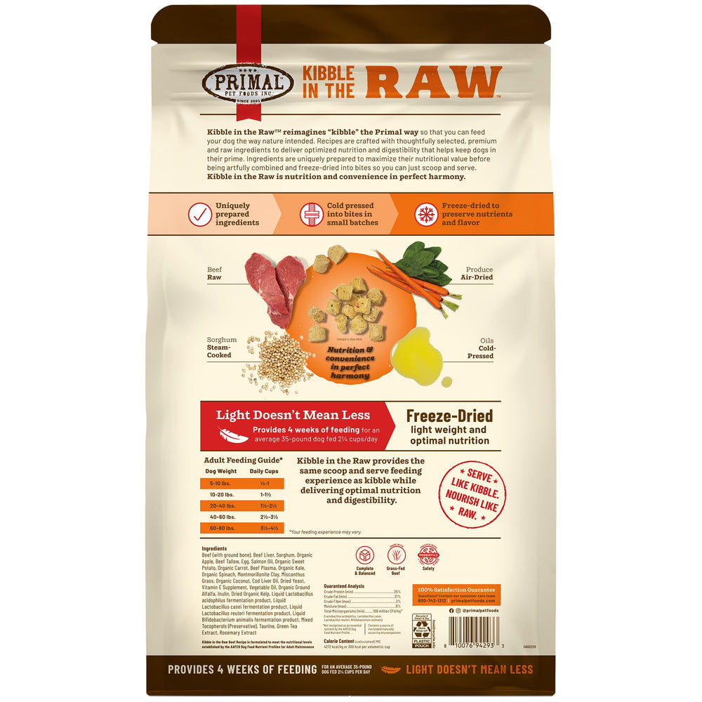Primal Pet Foods 9lb dry dog food bag emphasizes ample supply for daily meals.