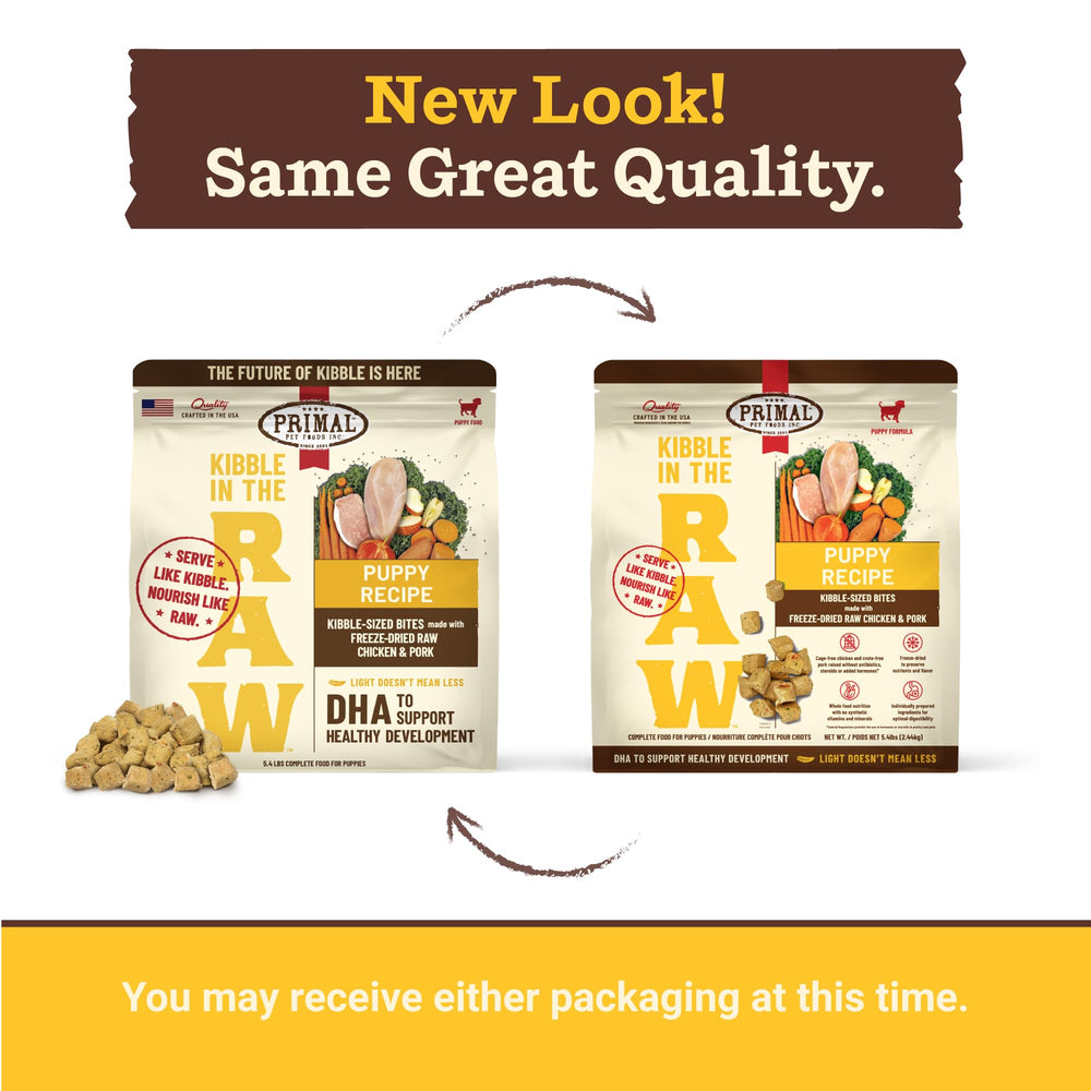 Primal Pet Foods Dry dog food 5.4 lb bag with portions.