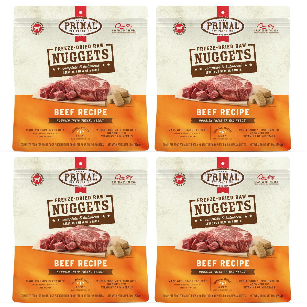 Primal Pet Foods freeze-dried beef nuggets packaging showcases premium raw nutrition.