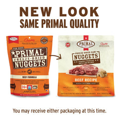 Primal Pet Foods beef nuggets served in a bowl demonstrate a quick complete meal.