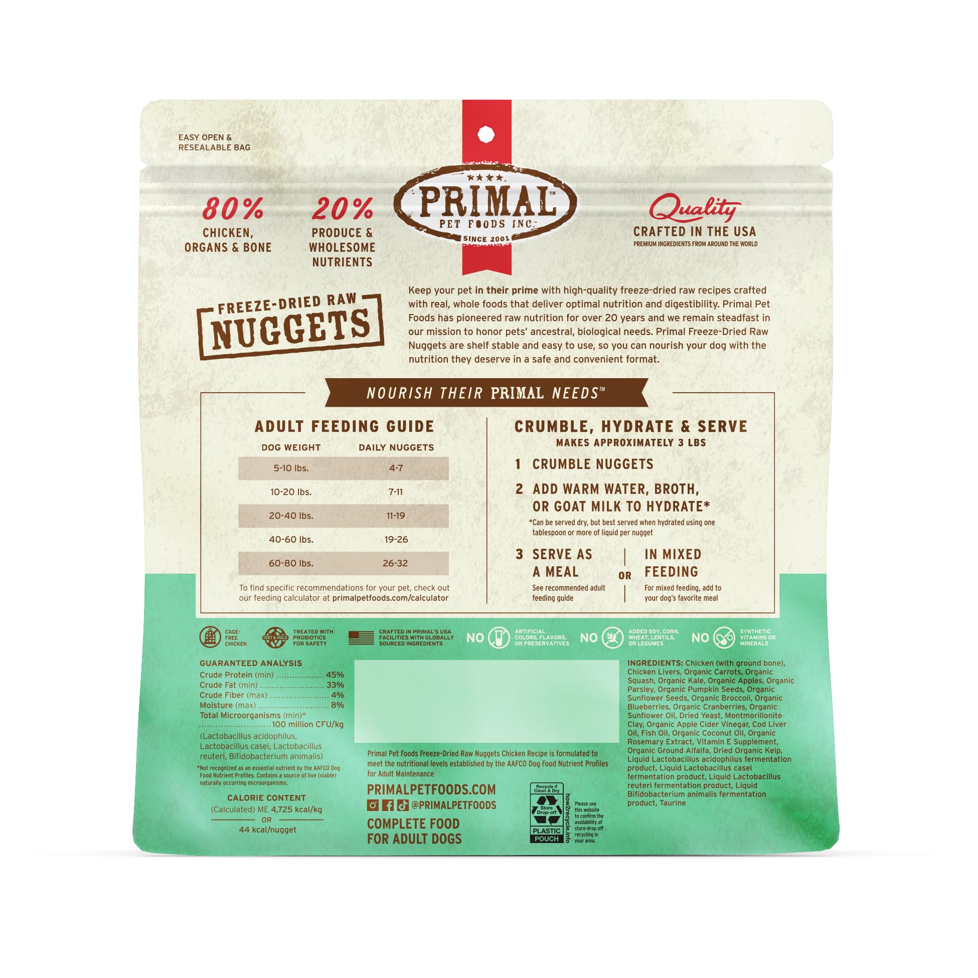 Primal Pet Foods adult-dog portion demonstrates portion-ready high-protein nutrition.