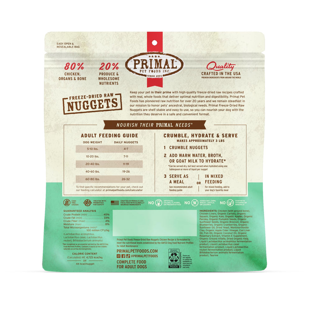 Primal Pet Foods adult-dog portion demonstrates portion-ready high-protein nutrition.