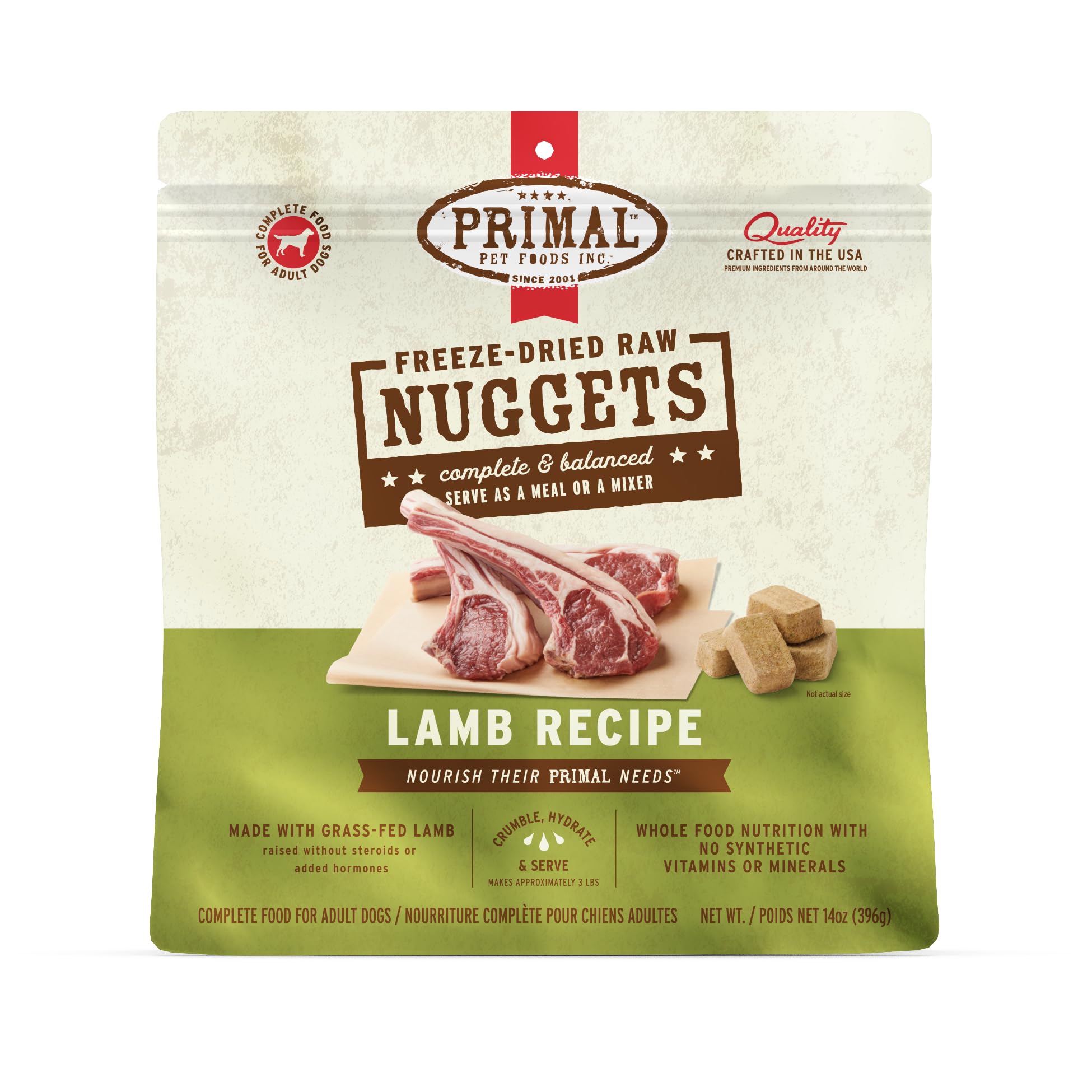 Primal Pet Foods freeze-dried lamb nuggets in a bowl for a complete grain-free meal.
