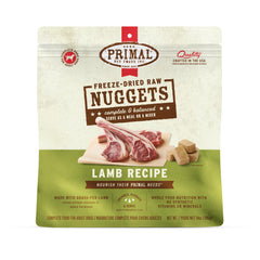 Primal Pet Foods freeze-dried lamb nuggets in a bowl for a complete grain-free meal.