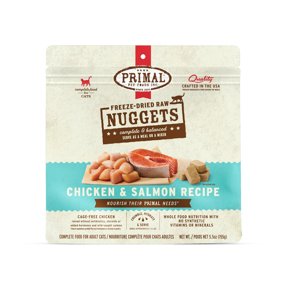 Primal Pet Foods freeze-dried cat nuggets chicken-salmon product view grain-free nutrition.