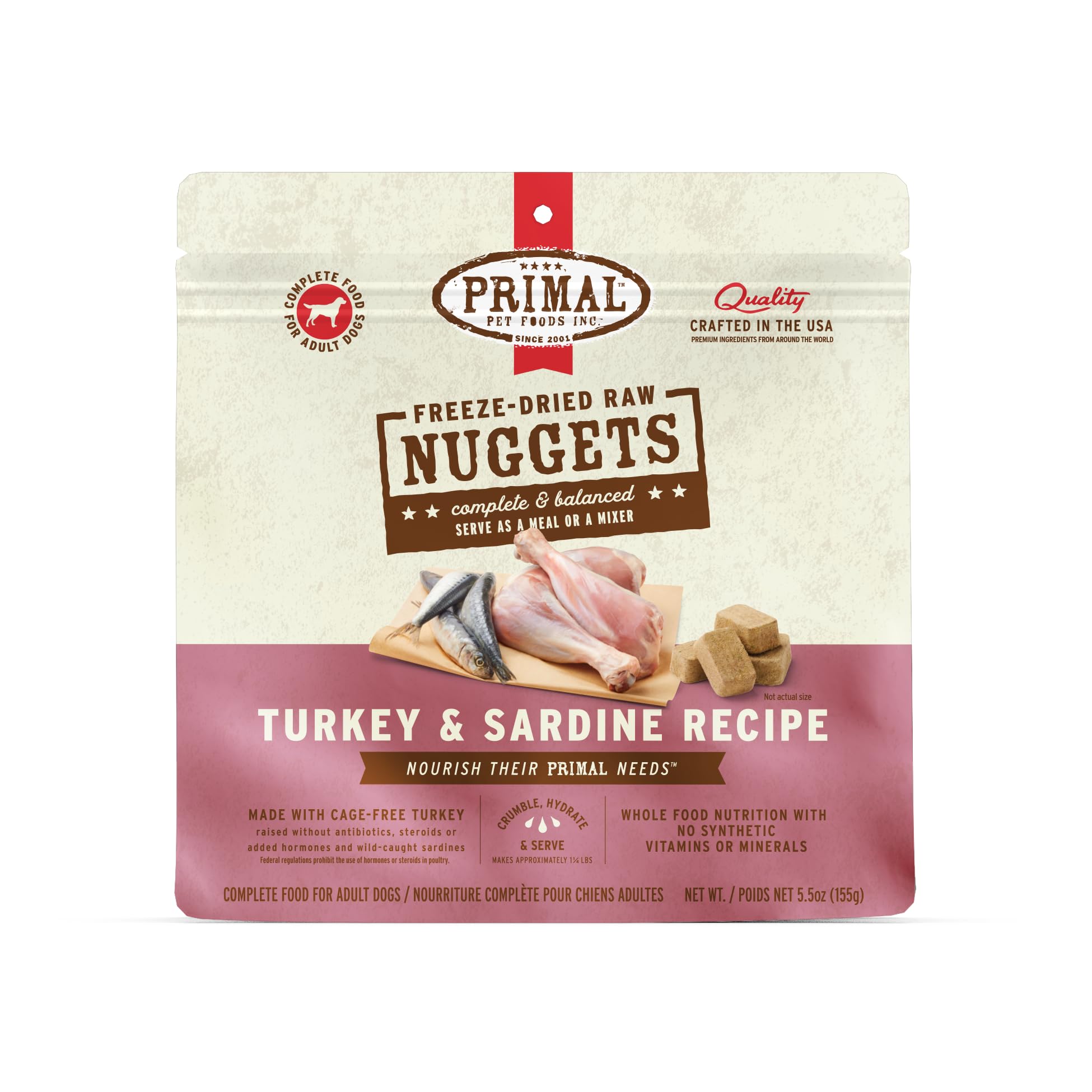 Primal Pet Foods freeze-dried raw dog nuggets turkey-sardine, protein-packed meal option.
